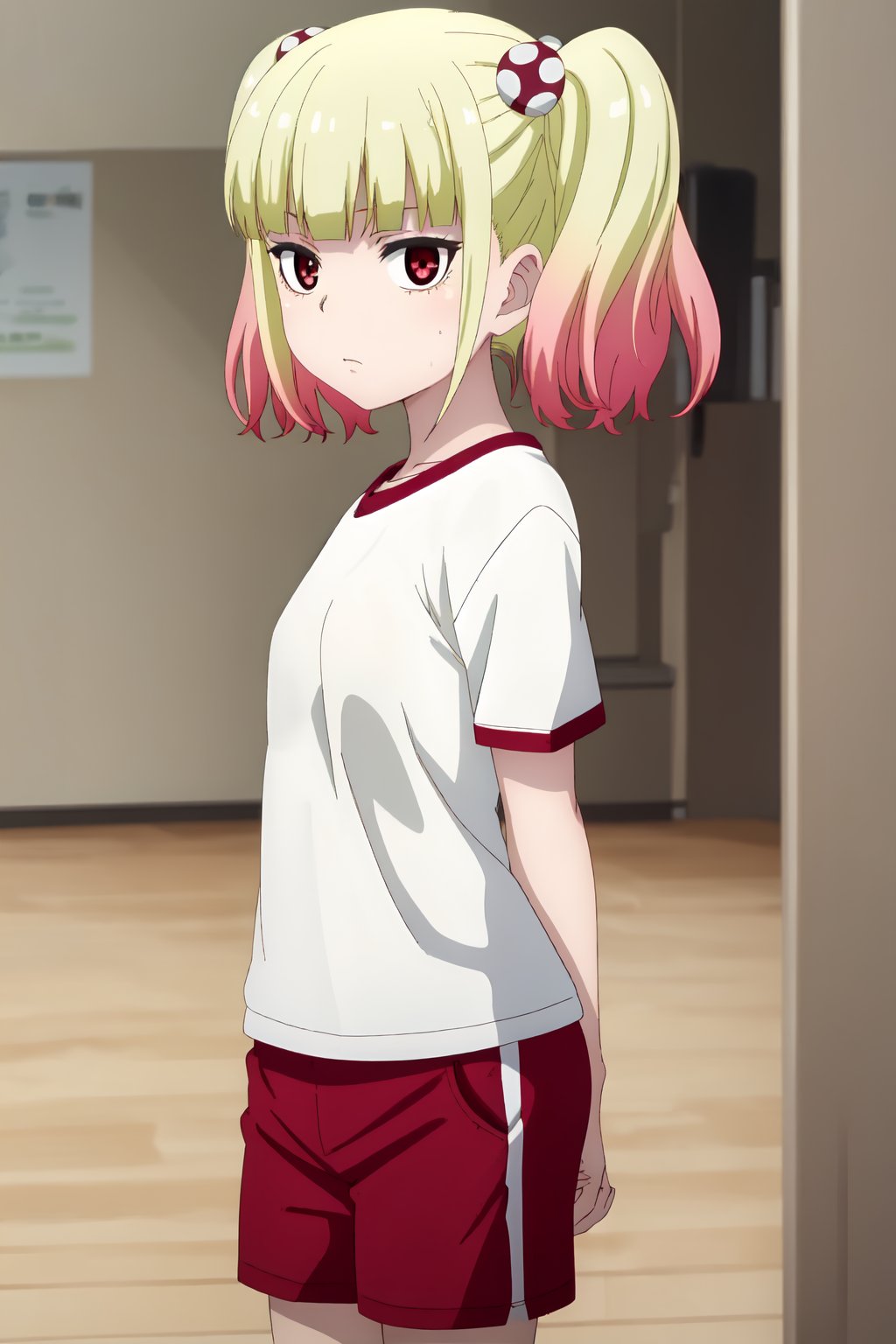 Yuria Niguredou, (8k, HD), 1 girl, alone, looking at viewer, blonde hair, shirt, hair ornament, red eyes, two pigtails, white shirt, pink hair, red shorts, straight bangs, hair ties, gym uniform, hands behind back,