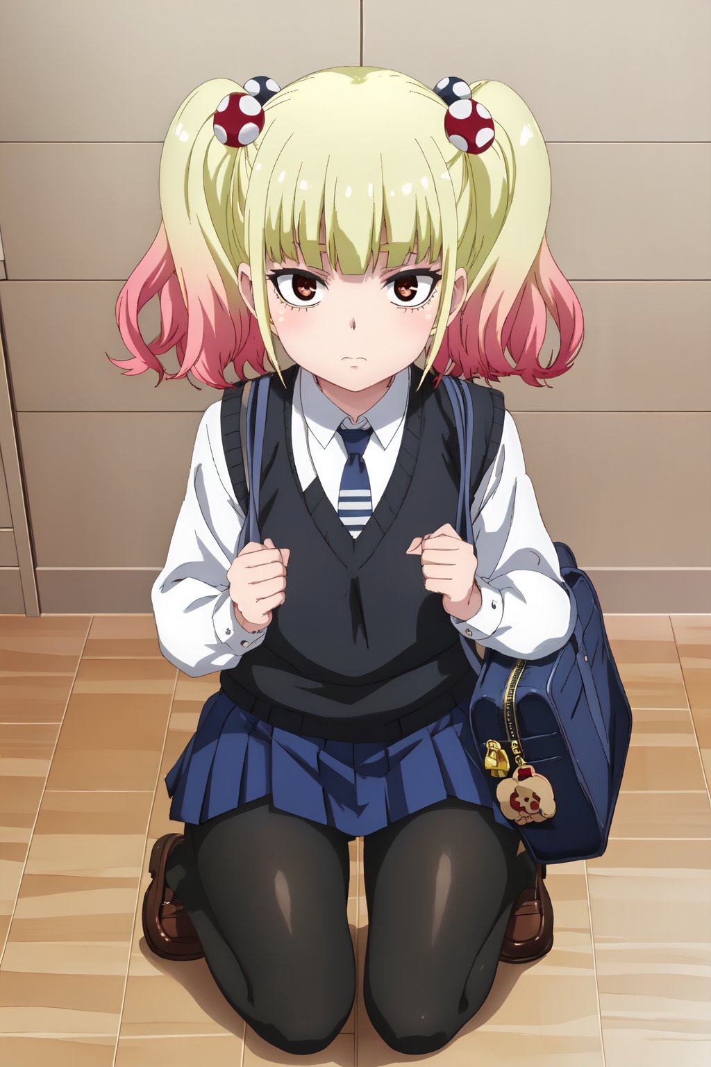 Yuria Niguredou, (8k, HD), 1girl, solo, looking at viewer, skirt, blonde hair, shirt, hair ornament, long sleeves, twintails, brown eyes, school uniform, full body, white shirt, pink hair, pantyhose, pleated skirt, necktie, shoes, blunt bangs, bag, vest, blue skirt, black pantyhose, kneeling, squatting, hair bobbles, loafers, school bag, blue necktie