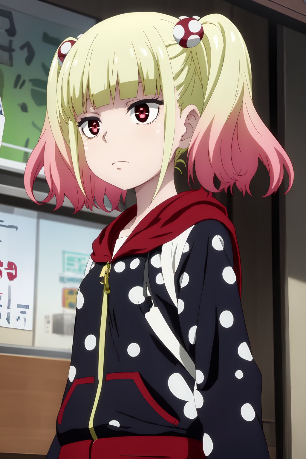 Yuria Niguredou, (8k, HD), 1girl, solo, short hair, blonde hair, hair ornament, red eyes, twintails, closed mouth, upper body, pink hair, hood, blunt bangs, backpack, polka dot, bags under eyes,