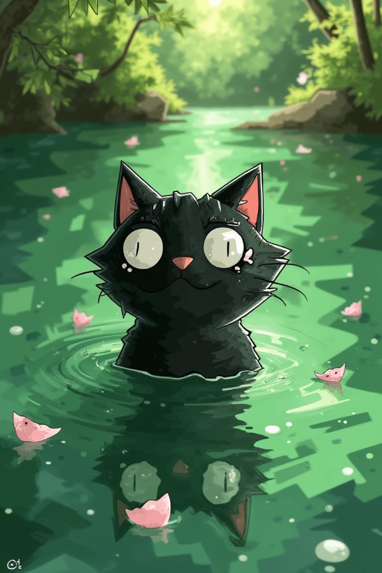 Create an image of a black cat with large, expressive eyes, chest-deep in a magical pond. The cat's form is stylized with soft, rounded edges reminiscent of Studio Ghibli, and the water is a vibrant emerald green with shimmering, cel-shaded highlights. Dappled sunlight filters from above, casting dancing patterns of light and shadow, while cherry blossom petals gently float on the surface. The cat's reflection is slightly distorted by ripples, conveying a sense of tranquility and childlike wonder. Background elements hint at a lush, green forest, enhancing the enchanting and serene atmosphere of the scene.