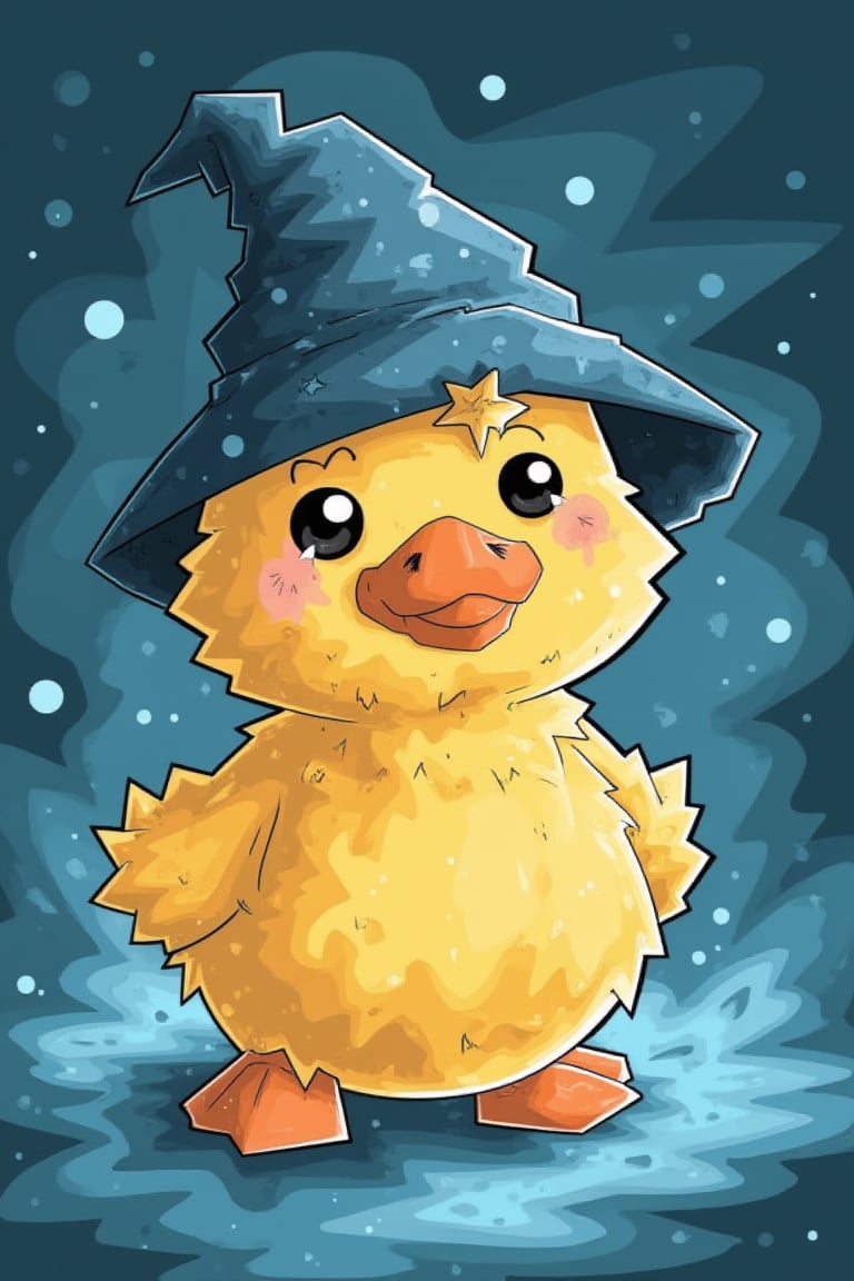 Create a 2D cel-shaded image of a kawaii wizard duck with a chubby body and pouty beak, standing against a mystical backdrop of swirling icy blue mist. The duck's yellow feathers are enhanced with depth through cel-shading, and the design features soft, rounded lines. Soft, diffuse lighting accentuates the duck's adorable yet wise expression, capturing its magical charm.