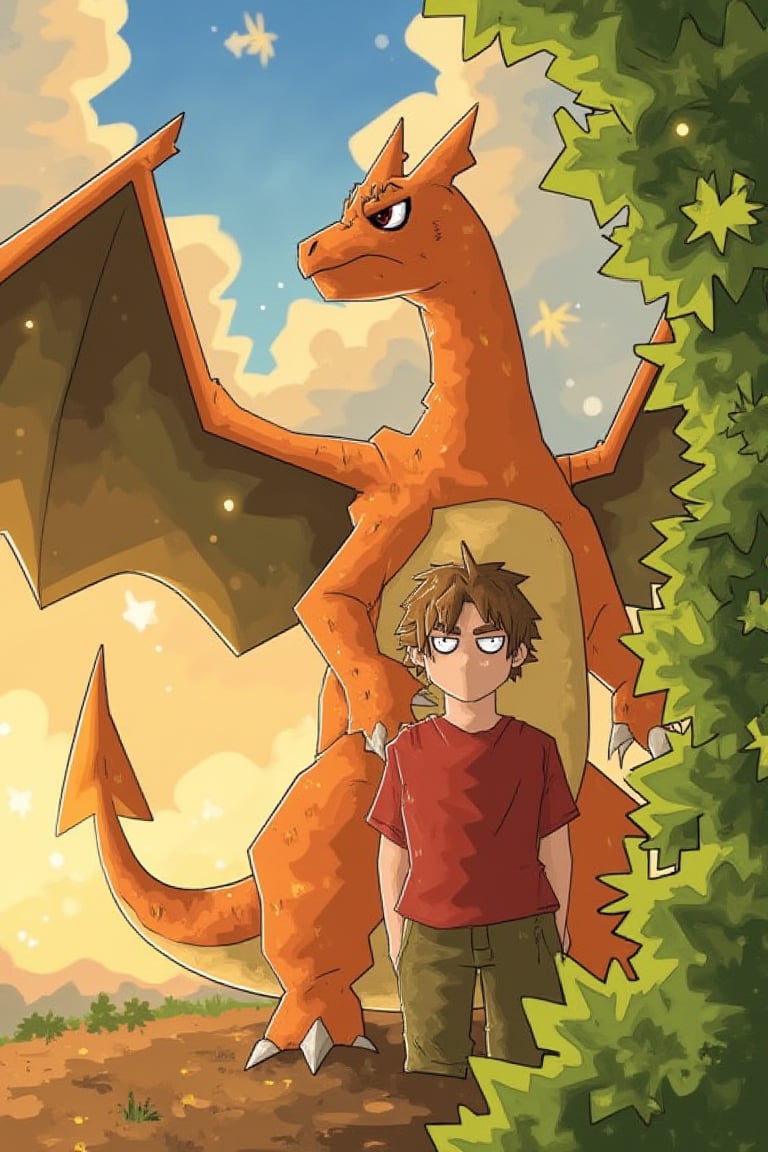 Create an image of a young man with short, spiky brown hair and a stoic expression standing beside his towering orange Charizard with wings spread wide, vibrant green ivy cascading down the right side. The scene is rendered in an anime style reminiscent of Studio Ghibli, with a warm, orange-hued sky with hints of blue above, and soft afternoon sunlight dappling the scene with golden sparks. The perspective is slightly low angle, emphasizing the bond between the boy and his dragon companion. The textures are smooth, with meticulously detailed scales on the Charizard and subtle wrinkles in the boy's red shirt and olive green pants. The atmosphere is nostalgic and heartwarming, capturing the essence of adventure and companionship, all rendered in a visually striking and evocative style.