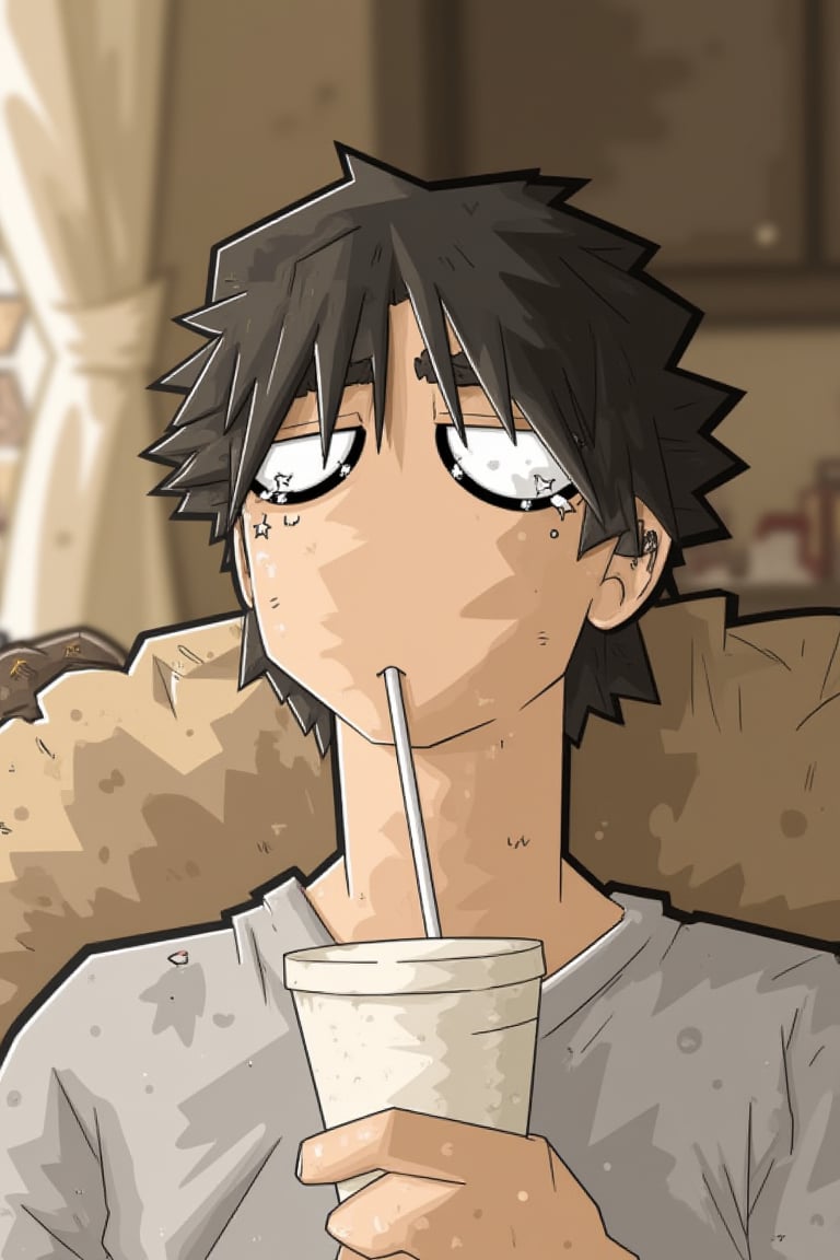 Create an anime-style portrait of a young man with short, messy black hair and large brown eyes, wearing a light grey t-shirt, sitting slightly reclined on a couch. His head is tilted back as he sips a drink through a straw from a styrofoam cup. The scene is rendered in a soft, muted palette of warm browns, tans, and greys, illuminated by soft, diffused daylight emanating from the left. The close-up composition, with a slightly upward angle, emphasizes his youthful features and creates a sense of gentle contentment and tranquility, all rendered in a visually striking and evocative style.