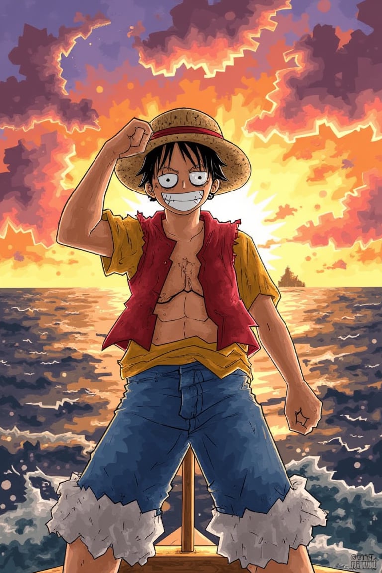 Create an image of Luffy from One Piece, standing at the bow of the Thousand Sunny, his straw hat tilted slightly as the sun sets behind him, casting a golden glow over the ocean. His wide, confident grin reflects his unwavering determination, with his signature red vest fluttering in the wind. One hand grips his hat, while the other stretches out, ready to unleash a powerful attack. The background is filled with vibrant waves and distant islands, with the sky painted in shades of orange, pink, and purple. The scene captures the essence of adventure, freedom, and Luffy’s unbreakable spirit as he sets his sights on the next challenge, all rendered in a visually striking and dynamic style reminiscent of TOK's distinctive art style.