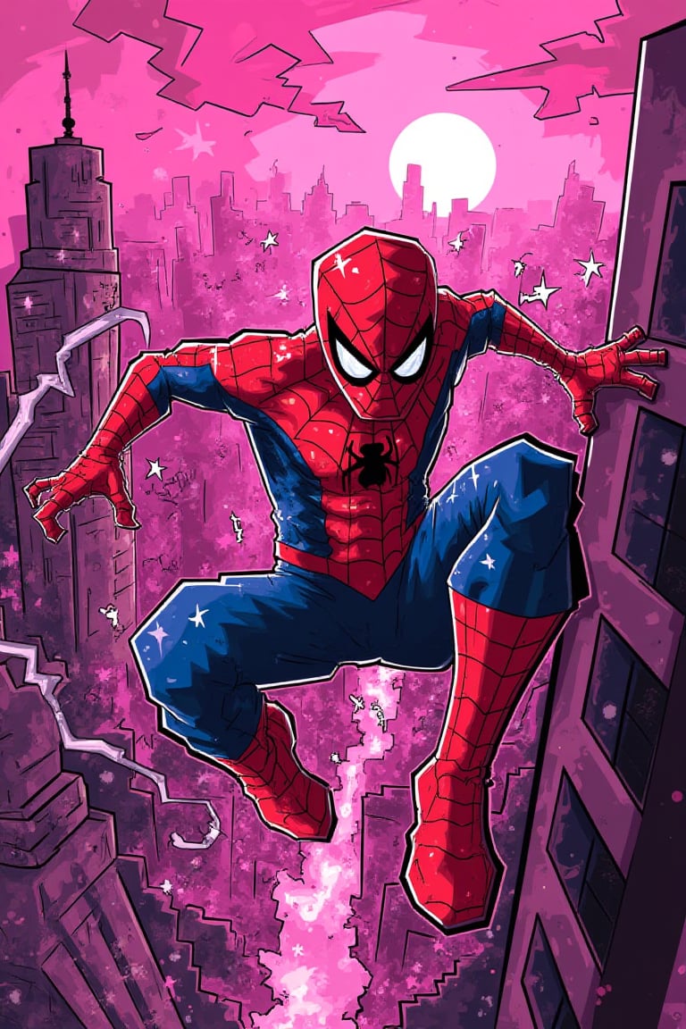 Create an image of Spider-Man in a vibrant comic book style, swinging through a cityscape bathed in a neon pink hue. His red and blue suit is highlighted with bold, dynamic lines and exaggerated shadows, giving a classic comic book feel. The city below is depicted with stylized, angular buildings and bright pink highlights, adding a surreal, energetic atmosphere. Spider-Man’s pose is action-packed, with one hand extended, shooting webbing, and the other gripping a skyscraper, as his iconic mask and web pattern stand out sharply against the pink-toned background. The scene is filled with dramatic motion lines and comic-style text bubbles emphasizing the thrill of the moment, all rendered in a visually striking and dynamic style reminiscent of TOK's distinctive art style.