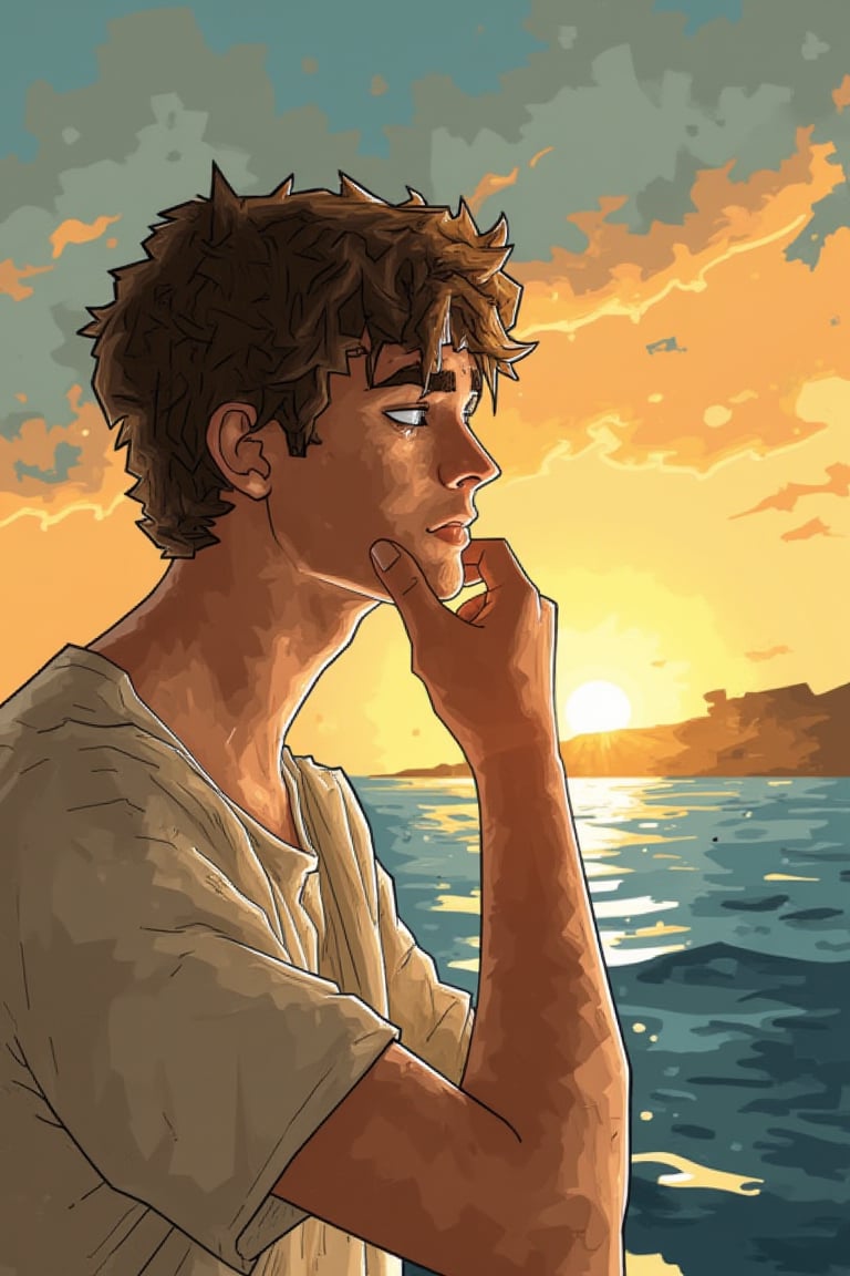 Create a stylized 2D portrait of a young Greek philosopher or poet, deep in thought, illuminated by the soft, golden glow of a Mediterranean sunset. The figure is depicted with strong, sculpted features, using bold lines and cel shading to create a distinct contrast between light and shadow. The artwork employs a rich color palette of warm ochres, deep umbers, and vibrant twilight blues that evoke the serene ambiance of the Aegean Sea at dusk. The scene captures the reflective mood of the figure, set against a minimalist, yet evocative, Mediterranean backdrop, all rendered in a visually striking and evocative style.