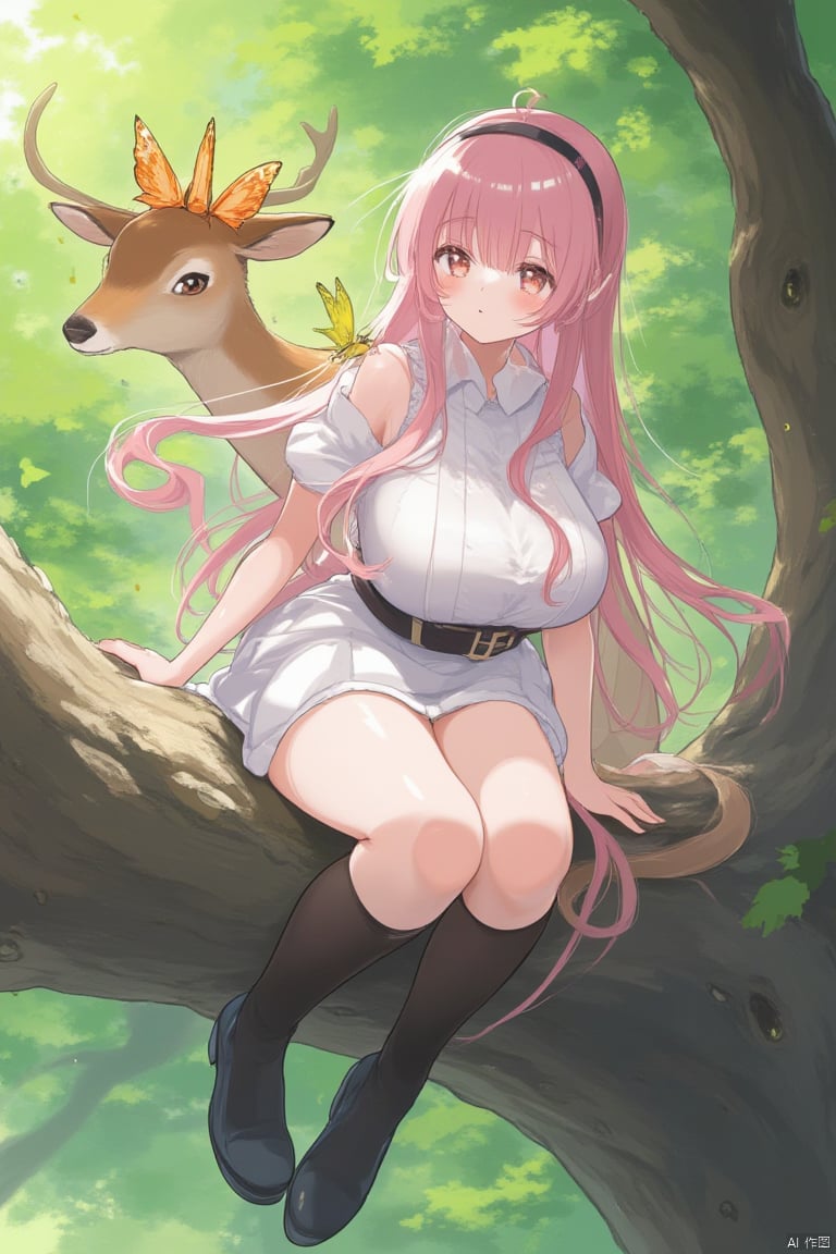 An animated image of a girl with long pink hair and a white dress. She is sitting on a tree branch with her legs crossed. She has a black belt around her waist. There is a brown deer standing on the branch behind her. There are orange and yellow butterflies sitting on top of the deer. The deer has brown spots on its head. The girl is wearing black boots on her feet.