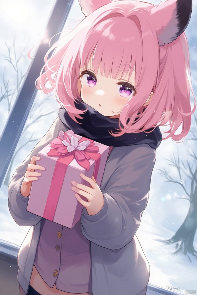 An animated image of a girl with pink hair and purple eyes. She is holding a pink gift in her hands. She has a black scarf around her neck. There is a black bow on her head. The girl is standing in front of a window. The window has snow on it. There are trees outside of the window. A light is shining through the window behind the girl.