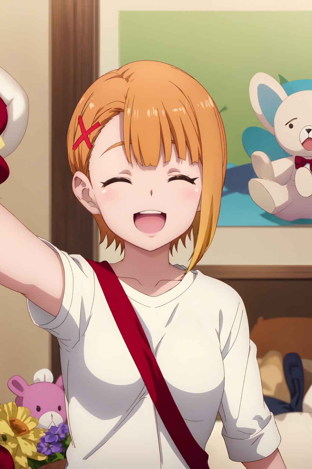 Hana Yurikawa, (8k, HD), 1girl, solo, smile, short hair, open mouth, shirt, hair ornament, closed eyes, white shirt, upper body, flower, orange hair, blurry, stuffed toy, stuffed animal, x hair ornament, facing viewer, selfie, reaching towards viewer