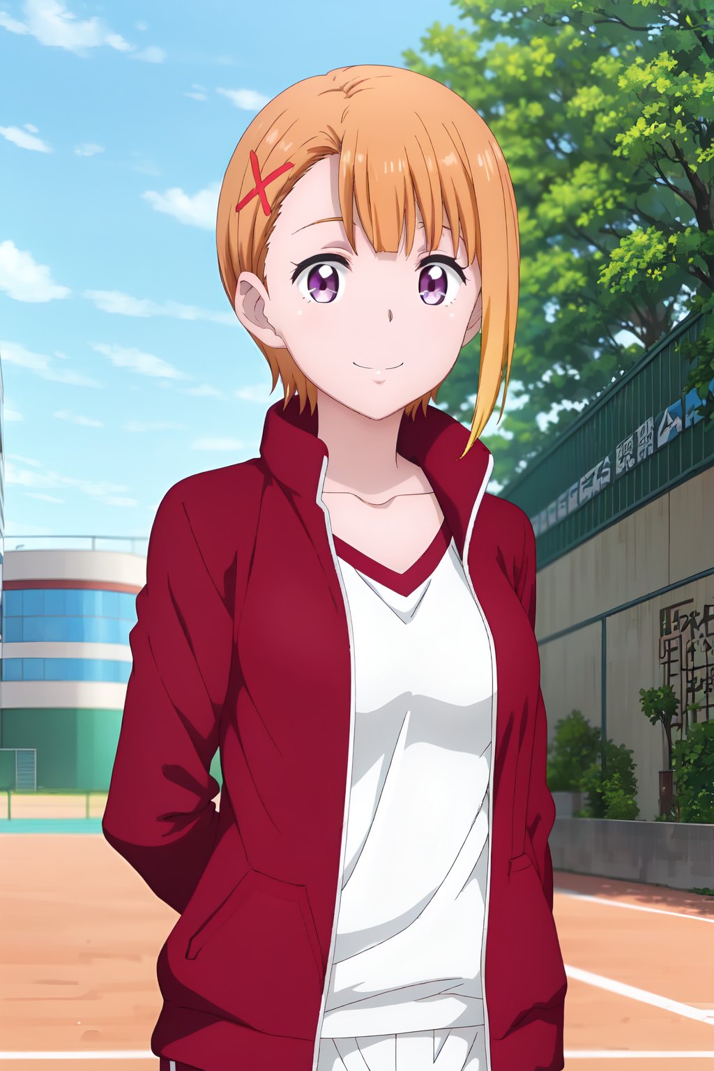 Hana Yurikawa, (8k, HD), 1 girl, alone, looking at viewer, short hair, smile, shirt, hair ornament, purple eyes, collarbone, jacket, white shirt, upper body, outdoors, hairpin, orange hair, x-shaped hair ornament, building, v arms, sports jacket, tracksuit, anime coloring