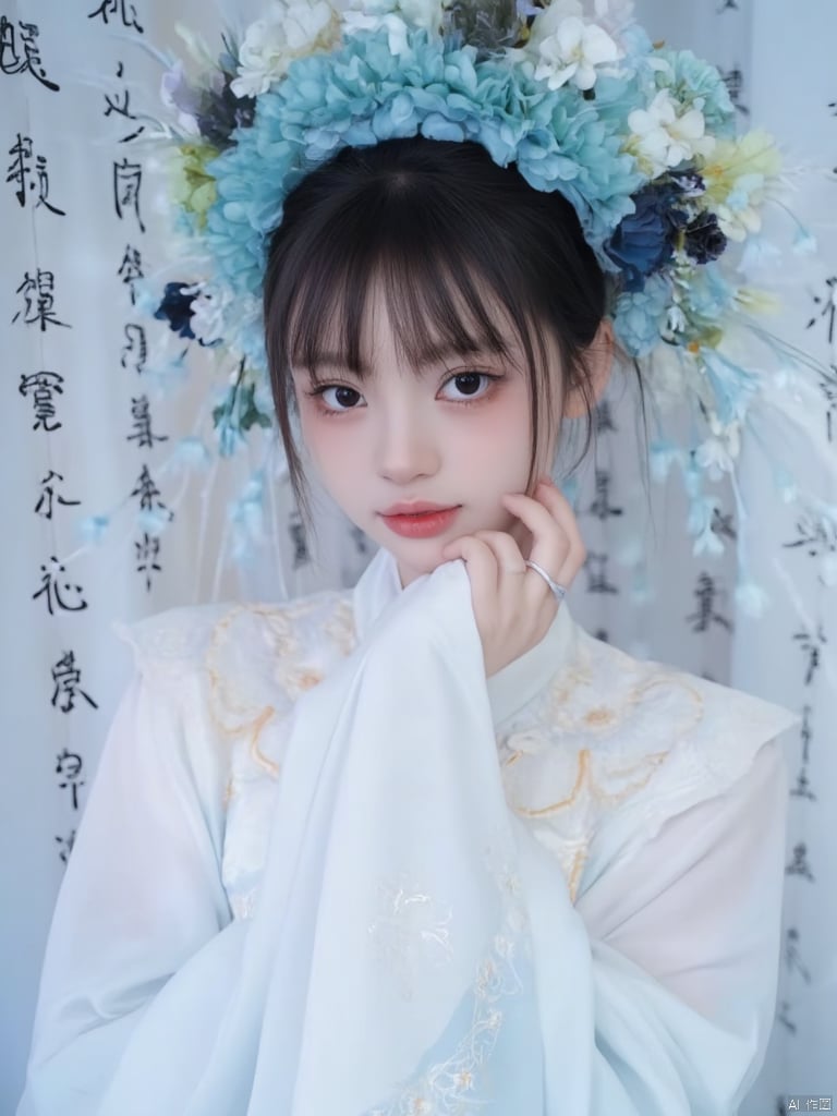 a young Asian woman dressed in a white kimono, adorned with a blue headband adorned with flowers. The woman's hair is dark brown, and her eyes are a piercing blue, while her hair is a darker shade of brown. She is wearing a silver ring on her left hand, adding a touch of contrast to her white robe. The backdrop is adorned with black writing, creating a striking contrast against the white backdrop.