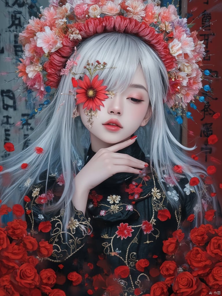 A young Asian woman wearing a flower wreath,An Acrylic style painting that is expressive, gives it a dynamic and emotional quality.a woman with a ethereal red and blue mist surrounding her body. The mist creates a dramatic and surreal effect. A red flower, that is blooming, covering one eye, attached to the face. The woman has a cold aesthetic, complimented by her white hair. Anime art of woman draped in shadows with a lighting that enhances her sexy unique features. with a black kimono adorned with flowers. The background is blurred The background is a wall with Chinese characters written on it creating a stark contrast to the woman's outfit. filled with red rose petals. 