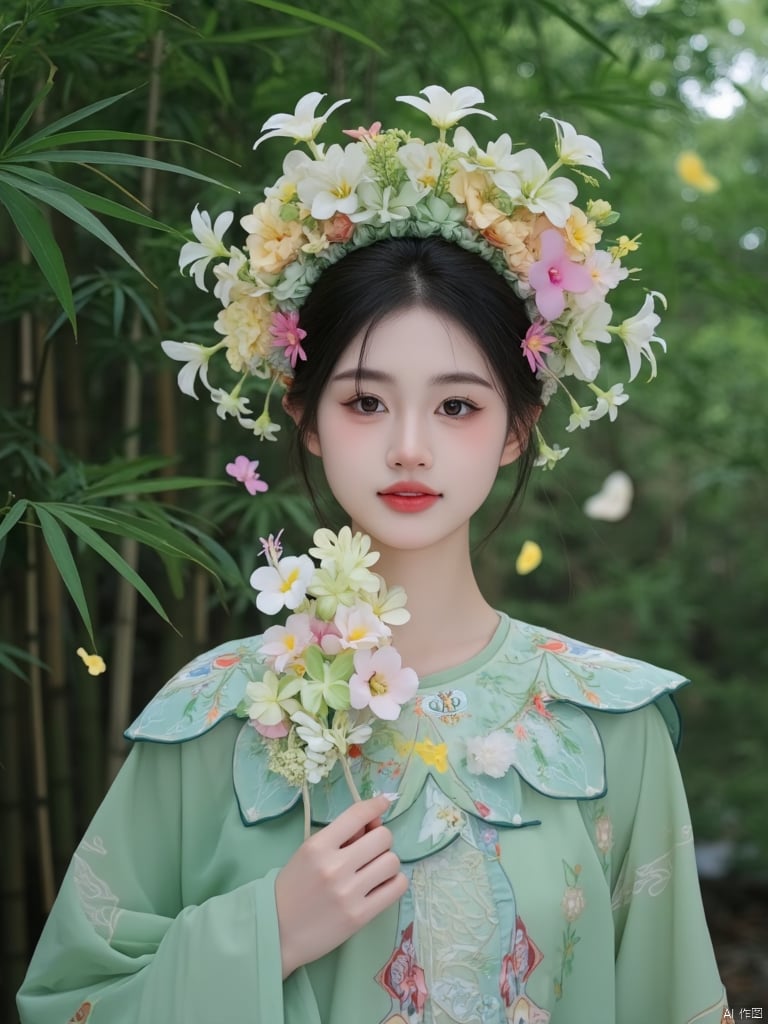  A young Asian woman wearing a flower wreath,1girl, with a green kimono adorned with flowers,She is adorned with a bold red lip adding a pop of color to her outfit. Her eyes are a piercing blue her eyebrows are a darker shade of brown and her lips are a lighter shade of red. The background is a bamboo forest, A large number of bamboo leaves are falling in the air.