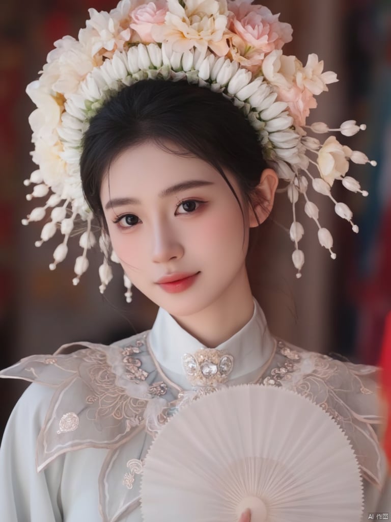  A young Asian woman wearing a flower wreath,A close-up shot of a Asian woman in a white chinese clothes with a silver necklace and earrings.She is holding a white fan. The woman's hair is adorned with white flowers adding a touch of beauty to the scene. The background is blurred creating a soft focus on the woman's face.warm-toned.neon lighting,