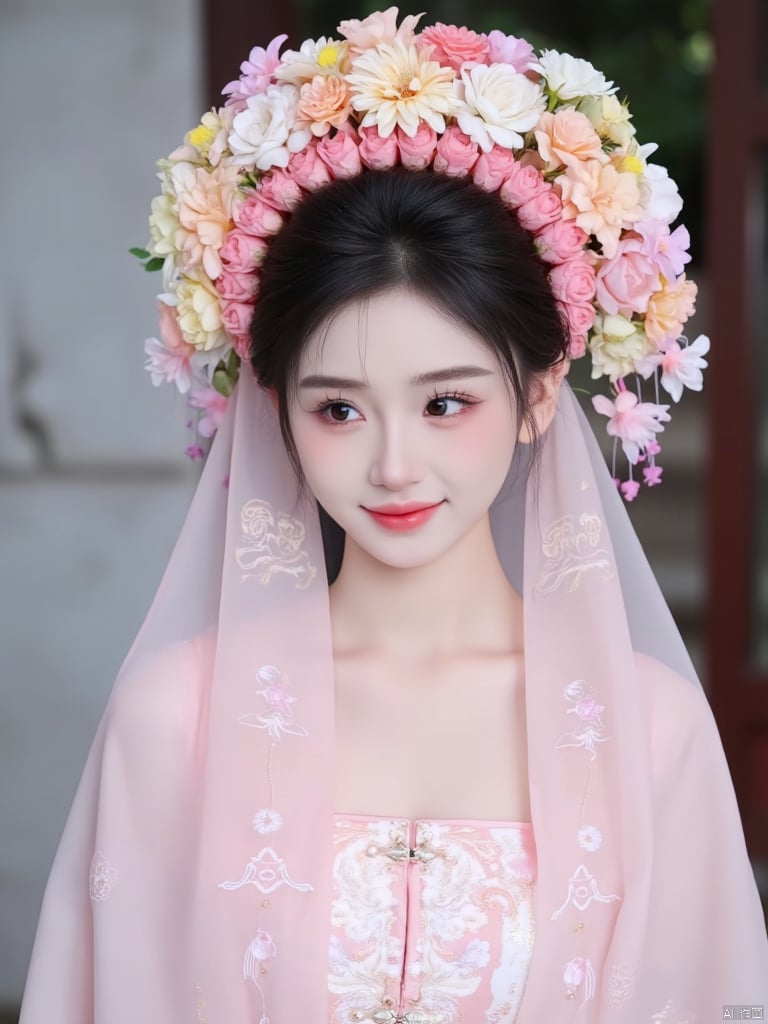 A young Asian woman wearing a flower wreath,Wearing a pink Hanfu dress, full_body,(veil:1.5)