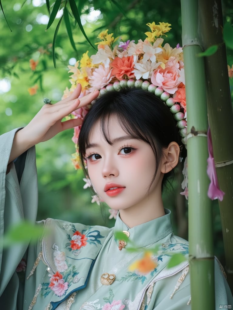  A young Asian woman wearing a flower wreath,1girl, with a green kimono adorned with flowers,She is adorned with a bold red lip adding a pop of color to her outfit. Her eyes are a piercing blue her eyebrows are a darker shade of brown and her lips are a lighter shade of red. The background is a bamboo forest, A large number of bamboo leaves are falling in the air.