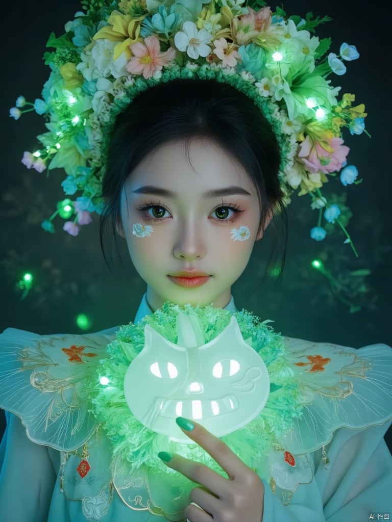  A young Asian woman wearing a flower wreath,A stunning Chinese ancient style girl with a clean face, wearing an elegant half face fox mask, holding a paper talisman in her hand, surrounded by green light. The background is dark blue, surrounded by glowing Chinese symbols and a white fox mask. Her eyes emitted a bright green light, with a background of dark fantasies and bright colors. The detailed facial features and complex design create a dynamic posture, resulting in a stunning high-resolution, high contrast composition and full body portrait