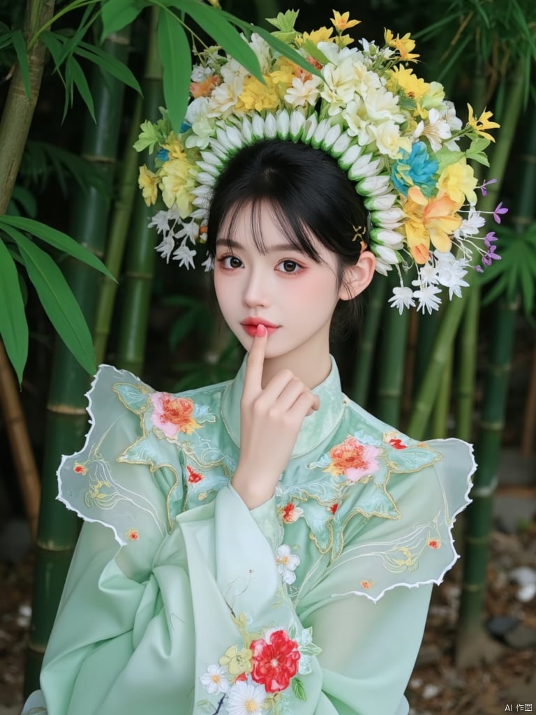  A young Asian woman wearing a flower wreath,1girl, with a green kimono adorned with flowers,She is adorned with a bold red lip adding a pop of color to her outfit. Her eyes are a piercing blue her eyebrows are a darker shade of brown and her lips are a lighter shade of red. The background is a bamboo forest, A large number of bamboo leaves are falling in the air.