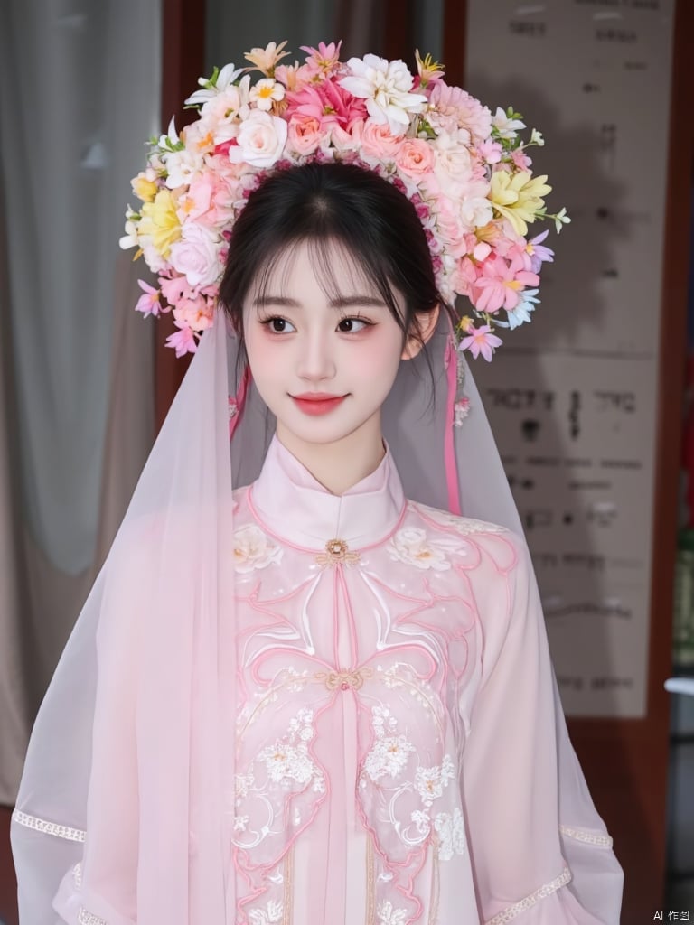 A young Asian woman wearing a flower wreath,Wearing a pink Hanfu dress, full_body,(veil:1.5)