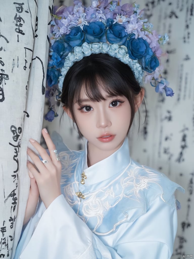 a young Asian woman dressed in a white kimono, adorned with a blue headband adorned with flowers. The woman's hair is dark brown, and her eyes are a piercing blue, while her hair is a darker shade of brown. She is wearing a silver ring on her left hand, adding a touch of contrast to her white robe. The backdrop is adorned with black writing, creating a striking contrast against the white backdrop.