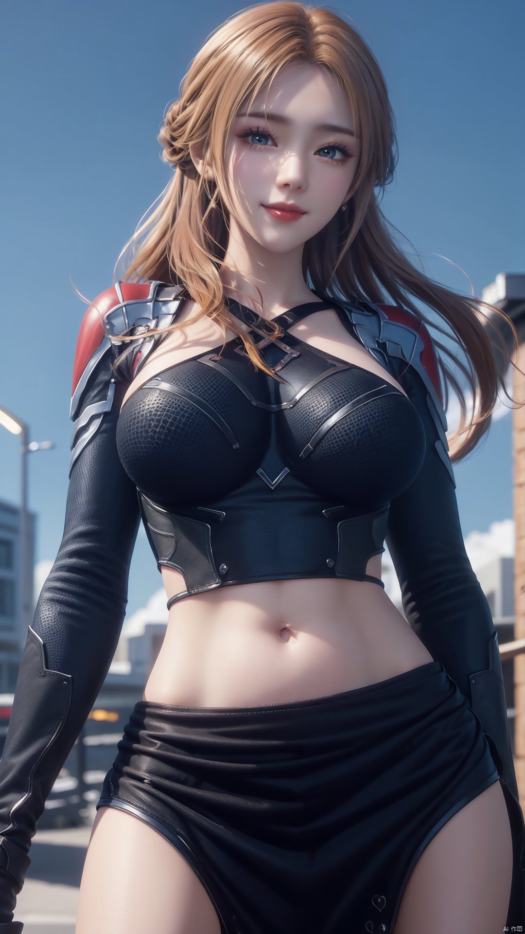 1girl, blonde hair, navel, long hair, gloves, clothing cutout, looking at viewer, midriff, skirt, breasts, black gloves, mischevious smile, perfect body, scenery, sharp focus, best quality, masterpiece, detailed outfit, illustration, perfect eyes, finely detailed beautiful anime eyes, realistic skin, intricate details, best lighting, depth of field, ultra high resolution,cowboy_shot, dynamic pose, dynamic angle,