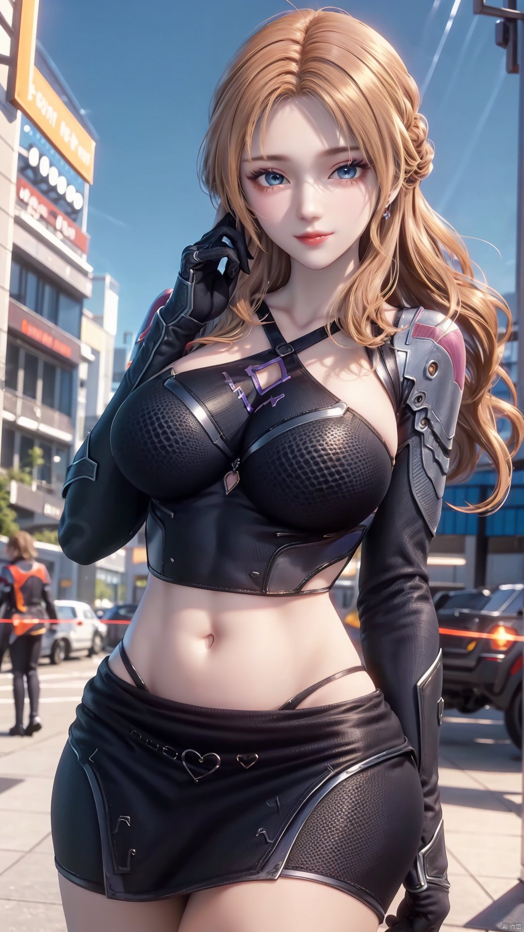 1girl, blonde hair, navel, long hair, gloves, clothing cutout, looking at viewer, midriff, skirt, breasts, black gloves, mischevious smile, perfect body, scenery, sharp focus, best quality, masterpiece, detailed outfit, illustration, perfect eyes, finely detailed beautiful anime eyes, realistic skin, intricate details, best lighting, depth of field, ultra high resolution,cowboy_shot, dynamic pose, dynamic angle,