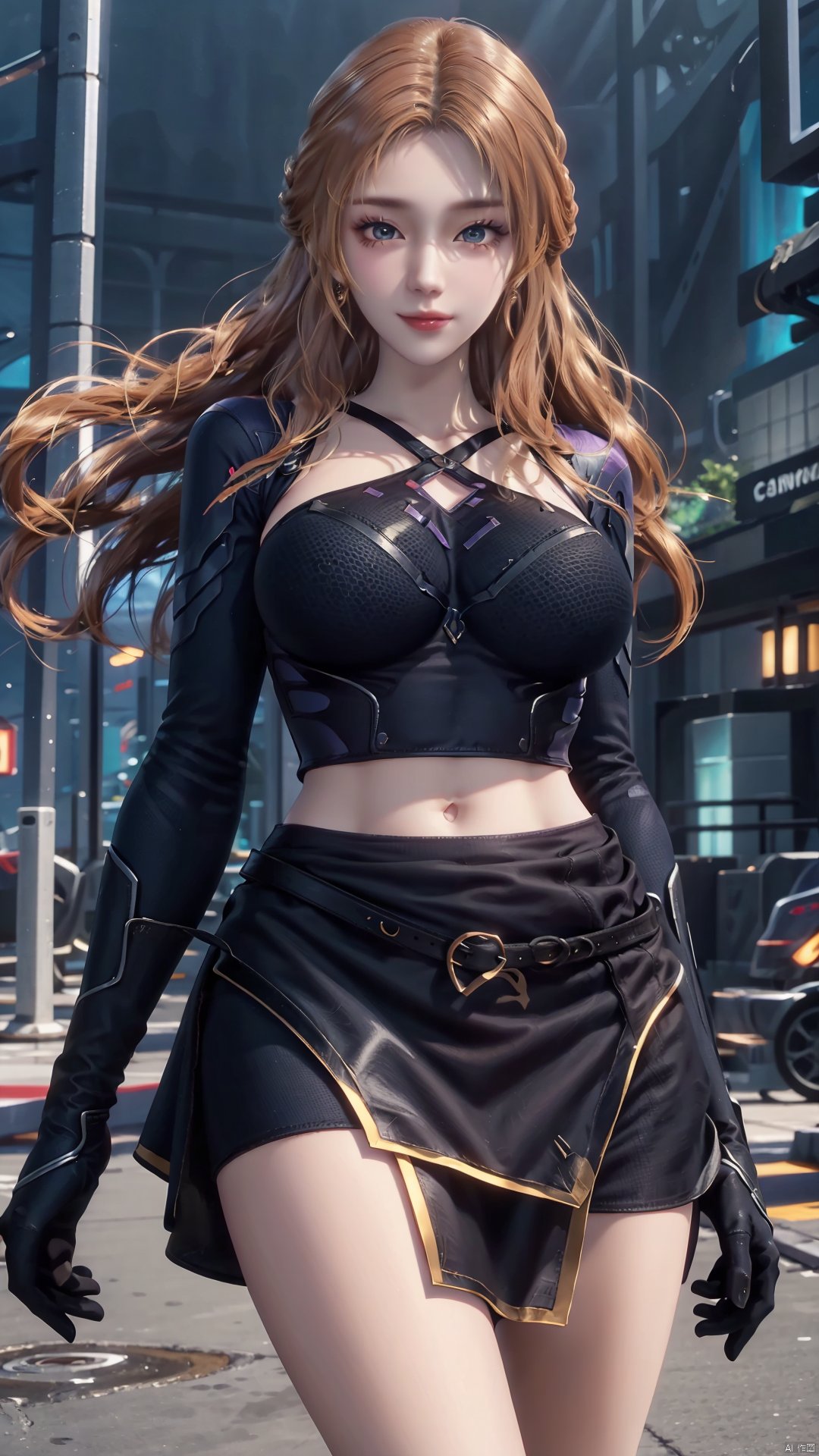 1girl, blonde hair, navel, long hair, gloves, clothing cutout, looking at viewer, midriff, skirt, breasts, black gloves, mischevious smile, perfect body, scenery, sharp focus, best quality, masterpiece, detailed outfit, illustration, perfect eyes, finely detailed beautiful anime eyes, realistic skin, intricate details, best lighting, depth of field, ultra high resolution,cowboy_shot, dynamic pose, dynamic angle,