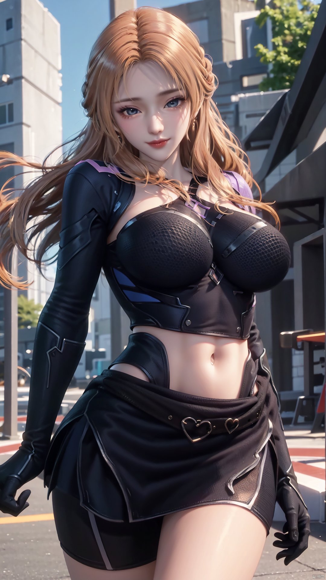 1girl, blonde hair, navel, long hair, gloves, clothing cutout, looking at viewer, midriff, skirt, breasts, black gloves, mischevious smile, perfect body, scenery, sharp focus, best quality, masterpiece, detailed outfit, illustration, perfect eyes, finely detailed beautiful anime eyes, realistic skin, intricate details, best lighting, depth of field, ultra high resolution,cowboy_shot, dynamic pose, dynamic angle,