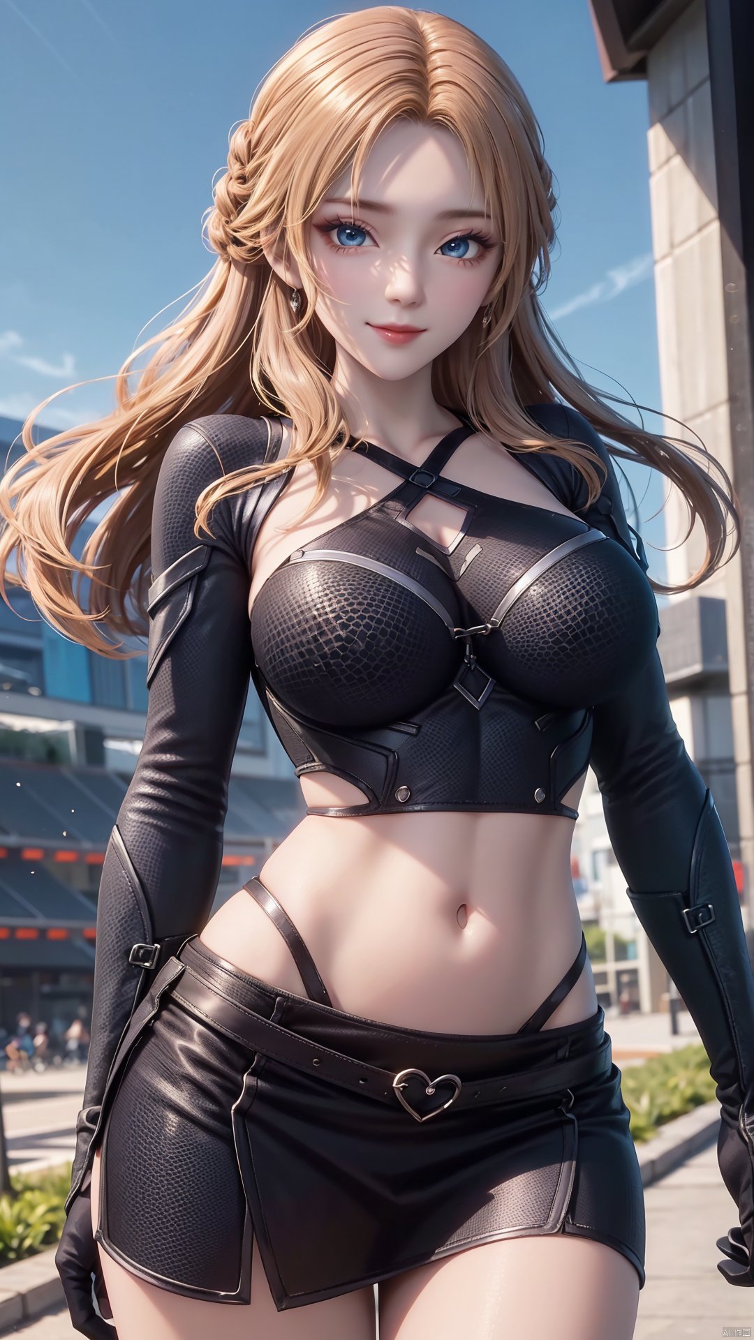 1girl, blonde hair, navel, long hair, gloves, clothing cutout, looking at viewer, midriff, skirt, breasts, black gloves, mischevious smile, perfect body, scenery, sharp focus, best quality, masterpiece, detailed outfit, illustration, perfect eyes, finely detailed beautiful anime eyes, realistic skin, intricate details, best lighting, depth of field, ultra high resolution,cowboy_shot, dynamic pose, dynamic angle,