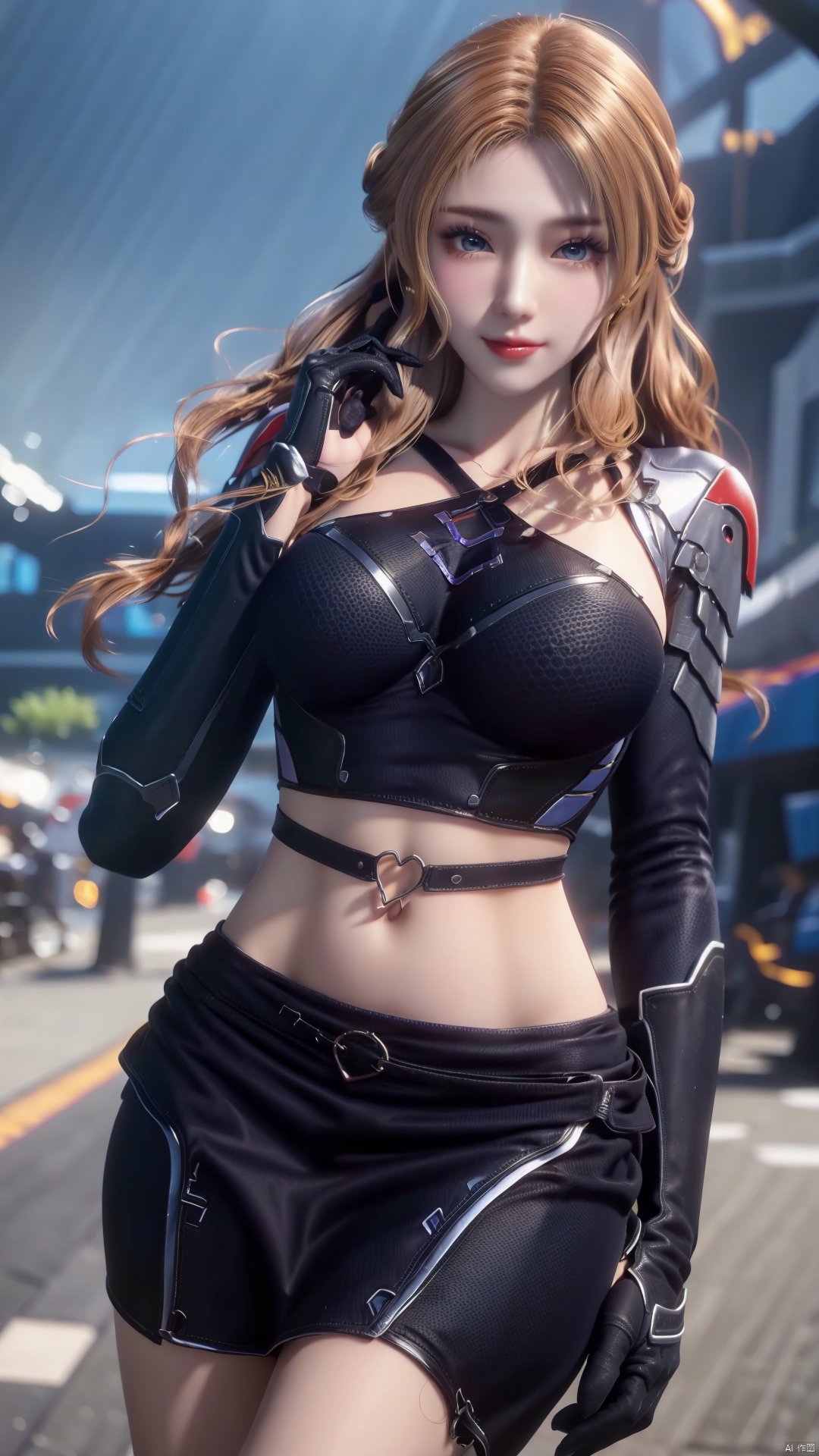 1girl, blonde hair, navel, long hair, gloves, clothing cutout, looking at viewer, midriff, skirt, breasts, black gloves, mischevious smile, perfect body, scenery, sharp focus, best quality, masterpiece, detailed outfit, illustration, perfect eyes, finely detailed beautiful anime eyes, realistic skin, intricate details, best lighting, depth of field, ultra high resolution,cowboy_shot, dynamic pose, dynamic angle,