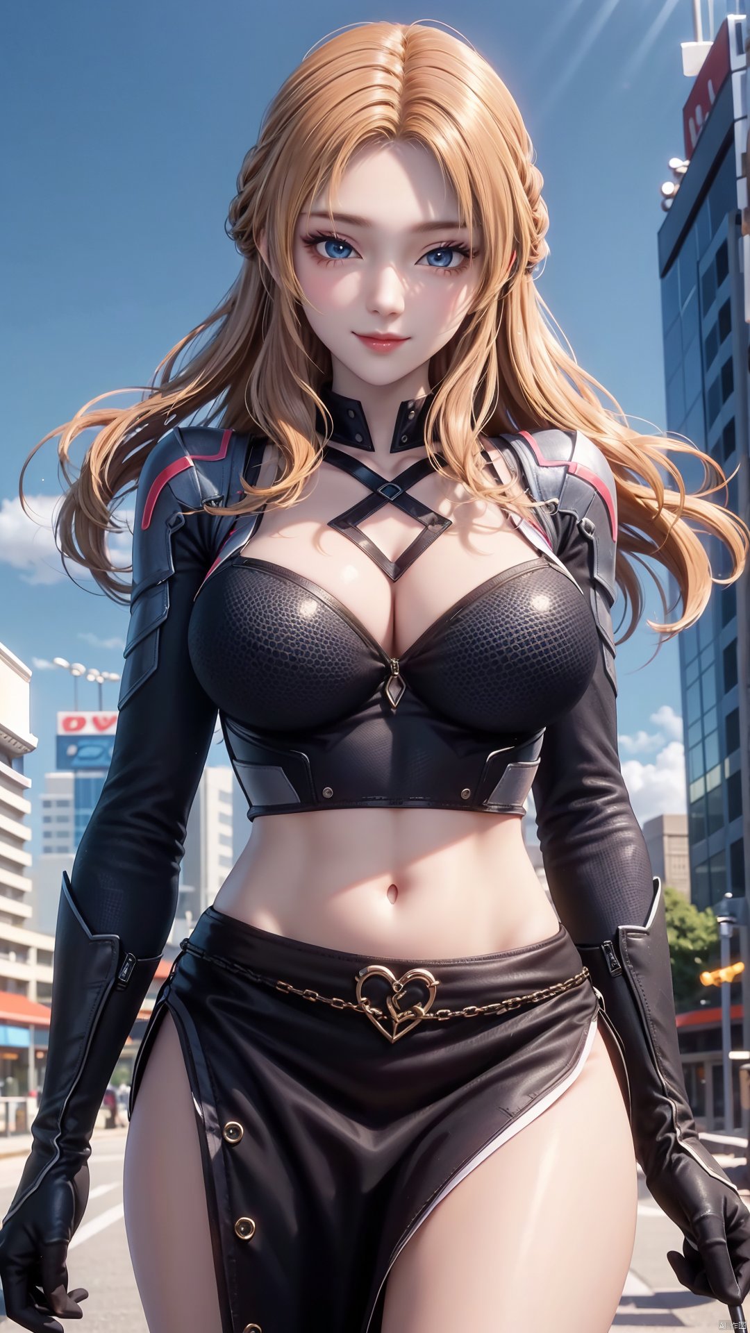 1girl, blonde hair, navel, long hair, gloves, clothing cutout, looking at viewer, midriff, skirt, breasts, black gloves, mischevious smile, perfect body, scenery, sharp focus, best quality, masterpiece, detailed outfit, illustration, perfect eyes, finely detailed beautiful anime eyes, realistic skin, intricate details, best lighting, depth of field, ultra high resolution,cowboy_shot, dynamic pose, dynamic angle,