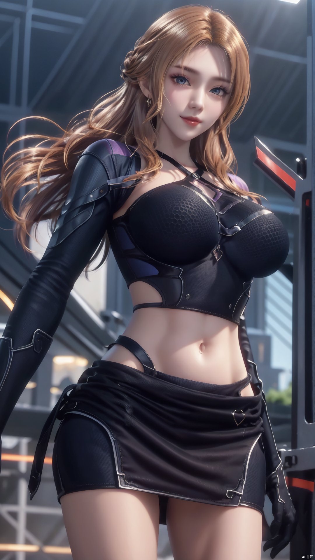 1girl, blonde hair, navel, long hair, gloves, clothing cutout, looking at viewer, midriff, skirt, breasts, black gloves, mischevious smile, perfect body, scenery, sharp focus, best quality, masterpiece, detailed outfit, illustration, perfect eyes, finely detailed beautiful anime eyes, realistic skin, intricate details, best lighting, depth of field, ultra high resolution,cowboy_shot, dynamic pose, dynamic angle,