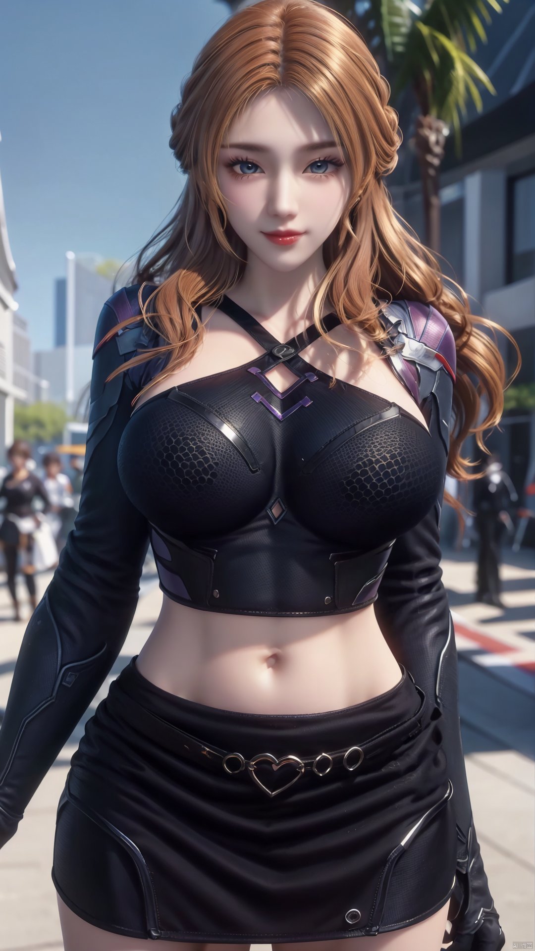 1girl, blonde hair, navel, long hair, gloves, clothing cutout, looking at viewer, midriff, skirt, breasts, black gloves, mischevious smile, perfect body, scenery, sharp focus, best quality, masterpiece, detailed outfit, illustration, perfect eyes, finely detailed beautiful anime eyes, realistic skin, intricate details, best lighting, depth of field, ultra high resolution,cowboy_shot, dynamic pose, dynamic angle,