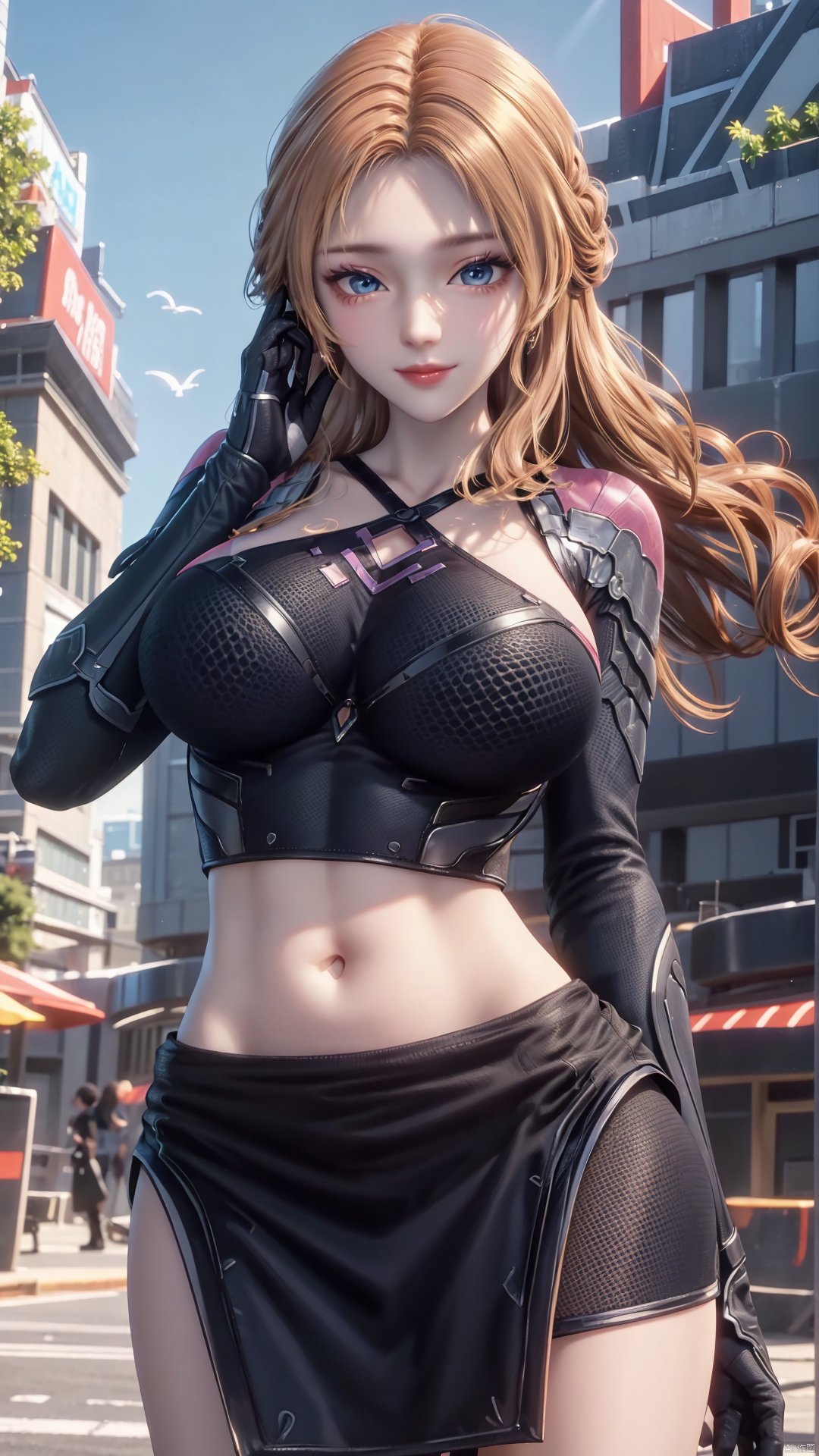 1girl, blonde hair, navel, long hair, gloves, clothing cutout, looking at viewer, midriff, skirt, breasts, black gloves, mischevious smile, perfect body, scenery, sharp focus, best quality, masterpiece, detailed outfit, illustration, perfect eyes, finely detailed beautiful anime eyes, realistic skin, intricate details, best lighting, depth of field, ultra high resolution,cowboy_shot, dynamic pose, dynamic angle,