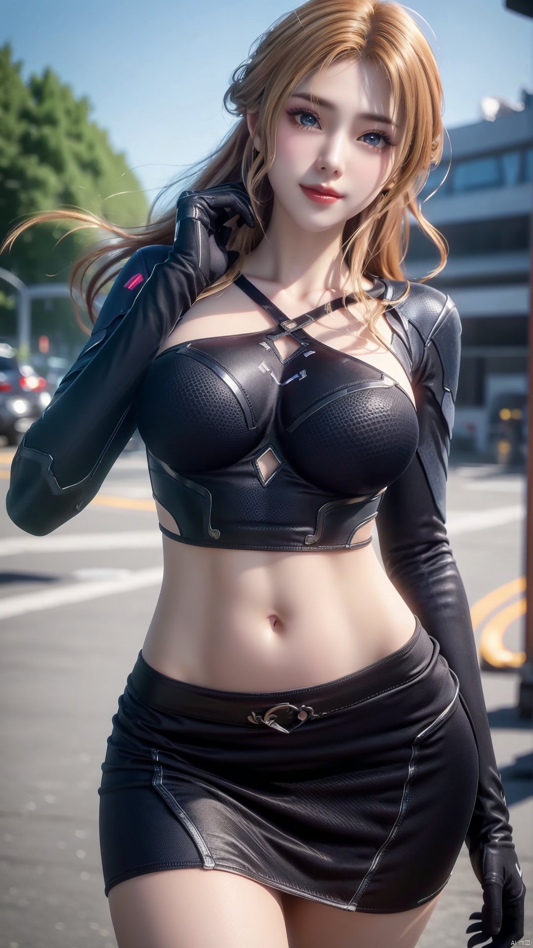 1girl, blonde hair, navel, long hair, gloves, clothing cutout, looking at viewer, midriff, skirt, breasts, black gloves, mischevious smile, perfect body, scenery, sharp focus, best quality, masterpiece, detailed outfit, illustration, perfect eyes, finely detailed beautiful anime eyes, realistic skin, intricate details, best lighting, depth of field, ultra high resolution,cowboy_shot, dynamic pose, dynamic angle,