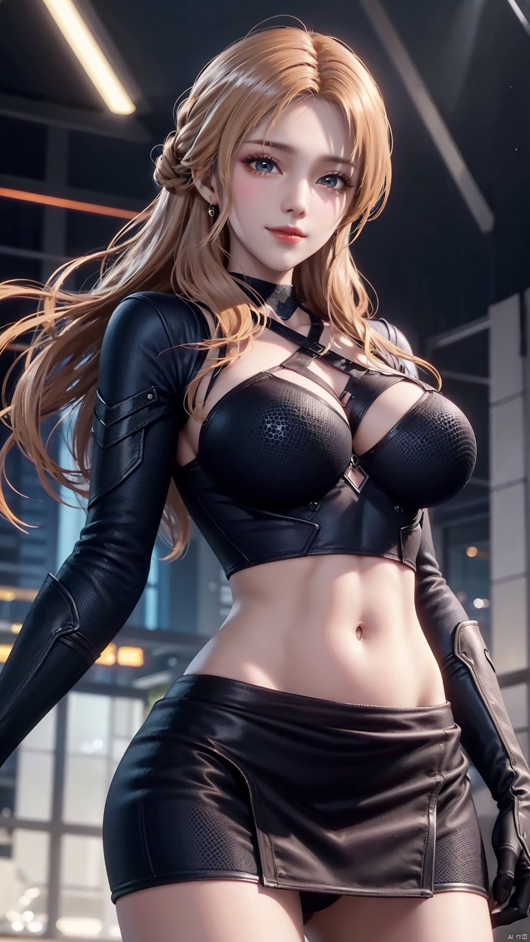 1girl, blonde hair, navel, long hair, gloves, clothing cutout, looking at viewer, midriff, skirt, breasts, black gloves, mischevious smile, perfect body, scenery, sharp focus, best quality, masterpiece, detailed outfit, illustration, perfect eyes, finely detailed beautiful anime eyes, realistic skin, intricate details, best lighting, depth of field, ultra high resolution,cowboy_shot, dynamic pose, dynamic angle,