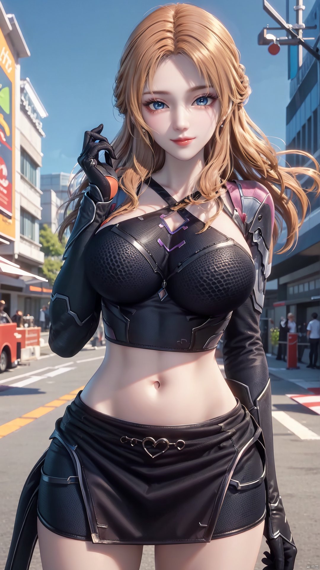 1girl, blonde hair, navel, long hair, gloves, clothing cutout, looking at viewer, midriff, skirt, breasts, black gloves, mischevious smile, perfect body, scenery, sharp focus, best quality, masterpiece, detailed outfit, illustration, perfect eyes, finely detailed beautiful anime eyes, realistic skin, intricate details, best lighting, depth of field, ultra high resolution,cowboy_shot, dynamic pose, dynamic angle,