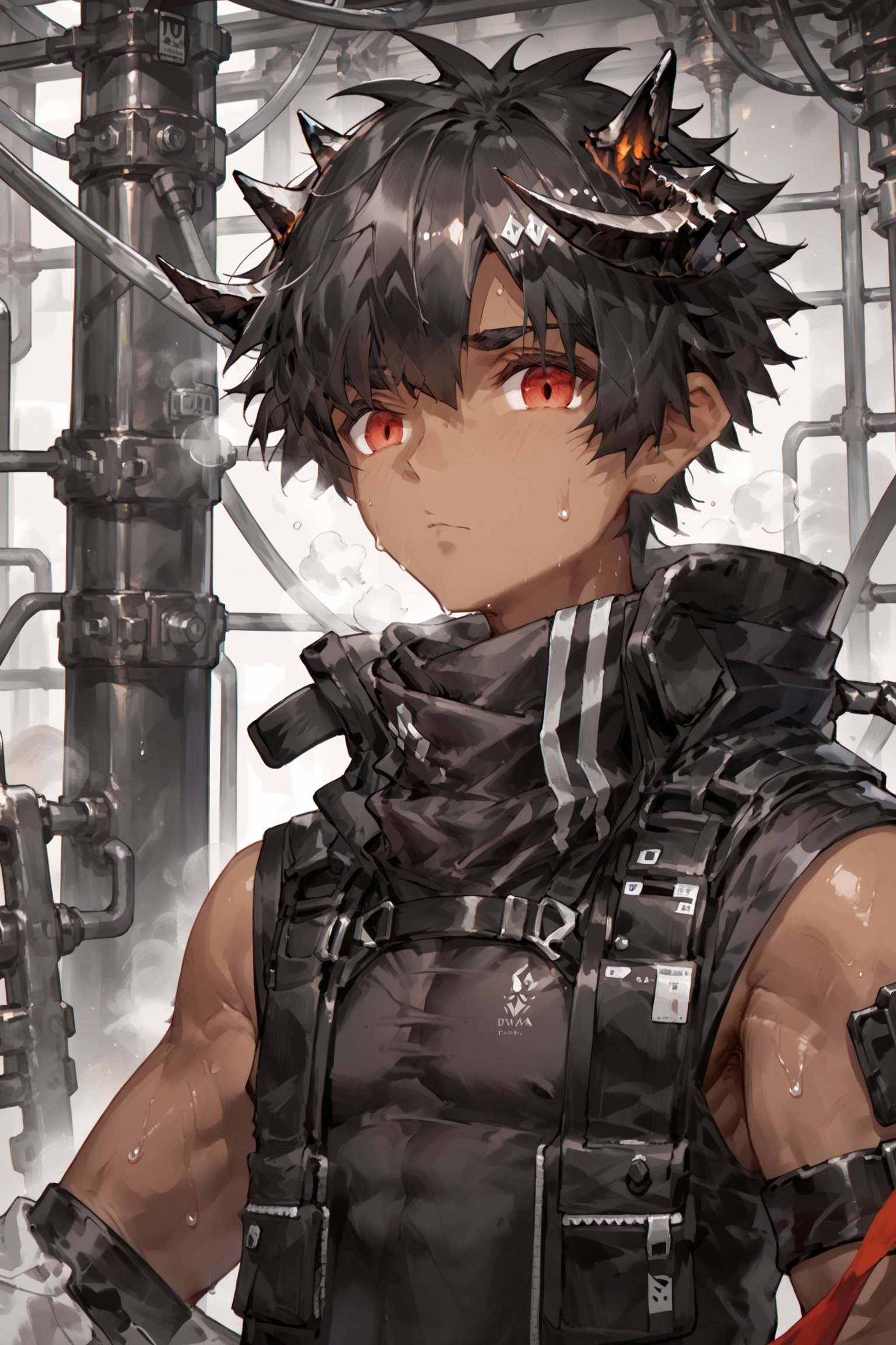 score_9, score_8_up, score_7_up, male focus, black clothes, shiny skin, bangs, hot, sweat, steaming body,looking at viewer,Odda_Arknights,black hair,horn,red eyes,brown skin,face focus,factory