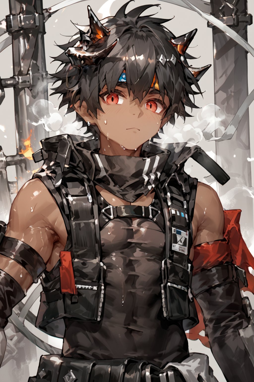 score_9, score_8_up, score_7_up, male focus, black clothes, shiny skin, bangs, hot, sweat, steaming body,looking at viewer,Odda_Arknights,black hair,horn,red eyes,brown skin