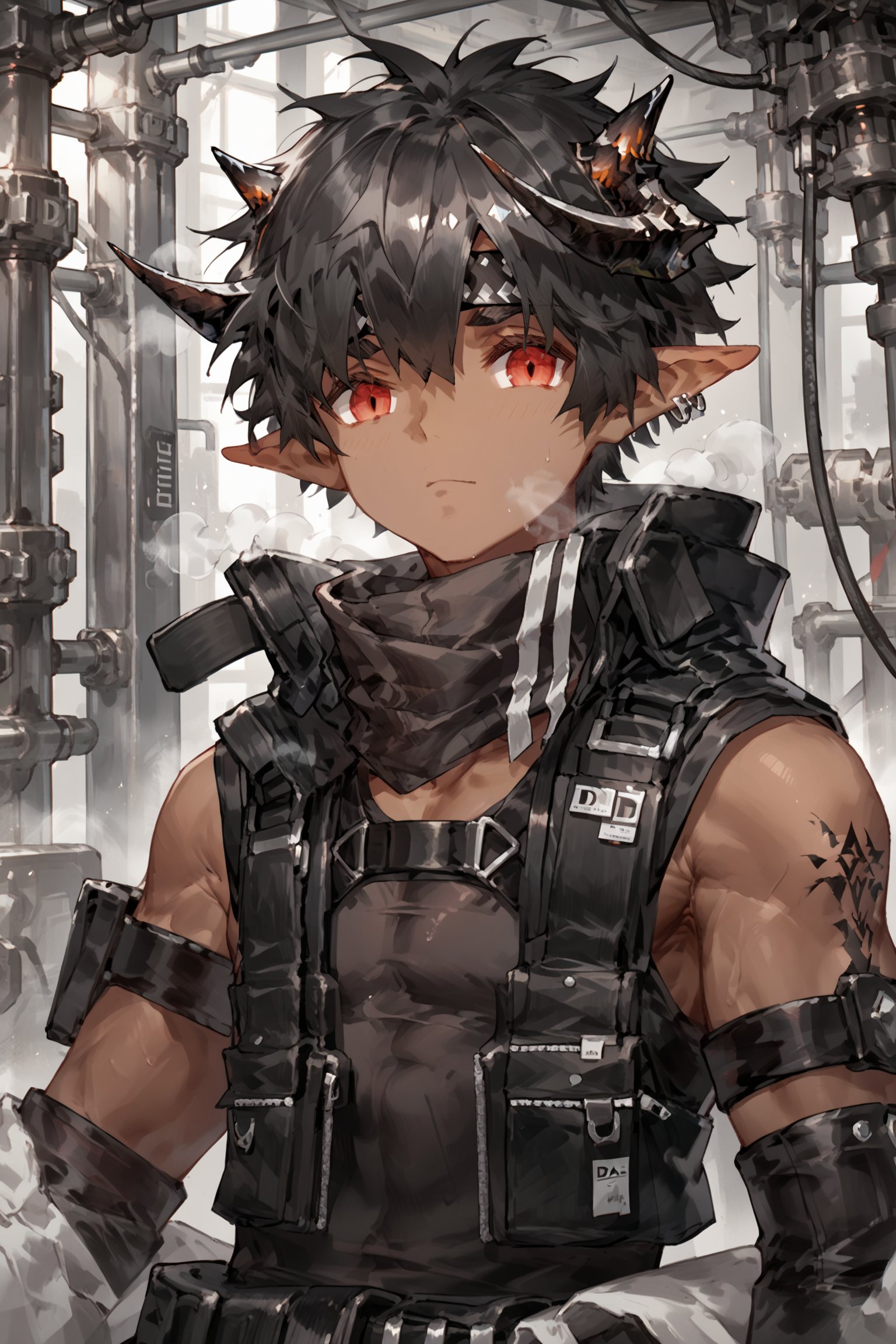 score_9, score_8_up, score_7_up, male focus, black clothes,steaming body,looking at viewer,Odda_Arknights,black hair,horn,red eyes,brown skin,face focus,factory,elf ears