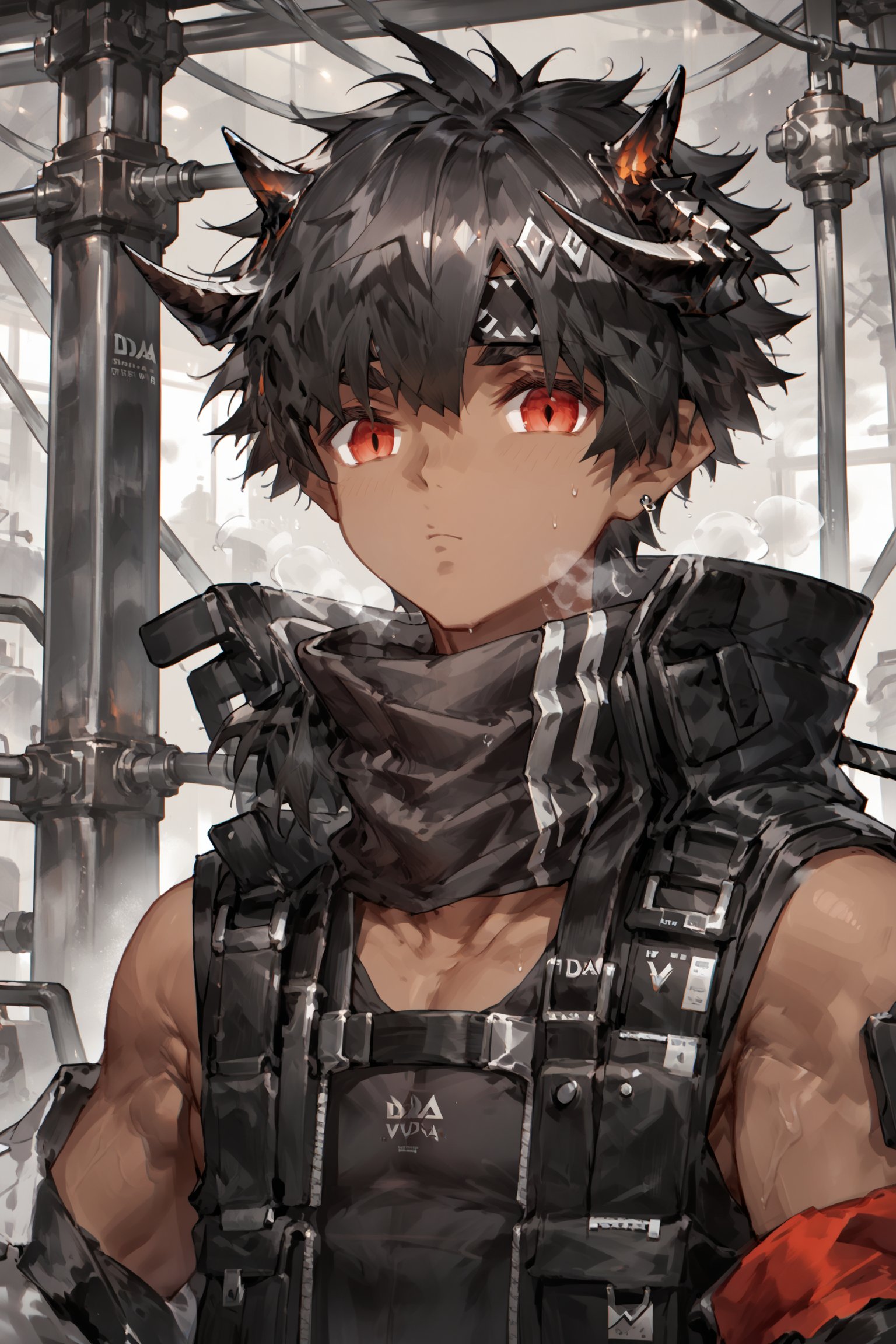 score_9, score_8_up, score_7_up, male focus, black clothes,steaming body,looking at viewer,Odda_Arknights,black hair,horn,red eyes,brown skin,face focus,factory