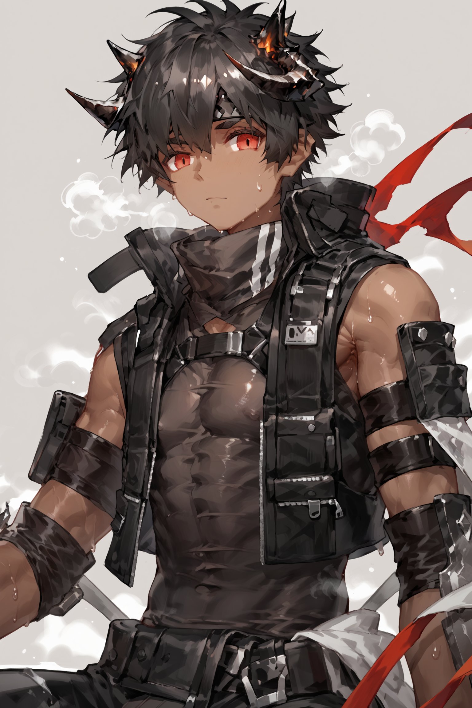 score_9, score_8_up, score_7_up, male focus, black clothes, shiny skin, bangs, hot, sweat, steaming body,looking at viewer,Odda_Arknights,black hair,horn,red eyes,brown skin