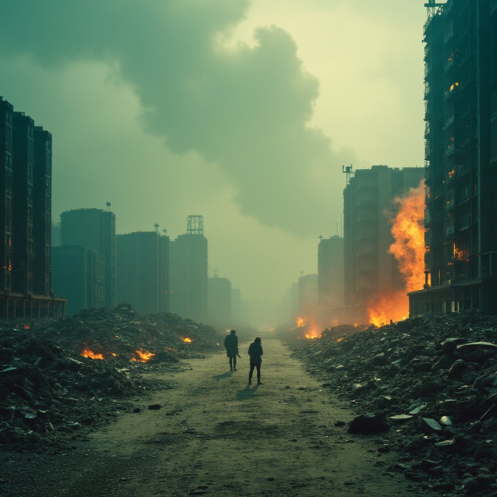 A haunting masterpiece captures the devastating aftermath of Japan's nuclear wastewater treatment plant explosion, with ultra-detailed destruction and chaos. In the foreground, a solemn figure stands amidst the ruins, surrounded by debris and pollution. The once-pristine cityscape now lies in shambles, with toxic waste spills and smoldering fires engulfing the area. Dark clouds loom overhead, reflecting the apocalyptic mood as the world teeters on the brink of ecological collapse.,noc-futuristic,niji,landscape,noc-landscape