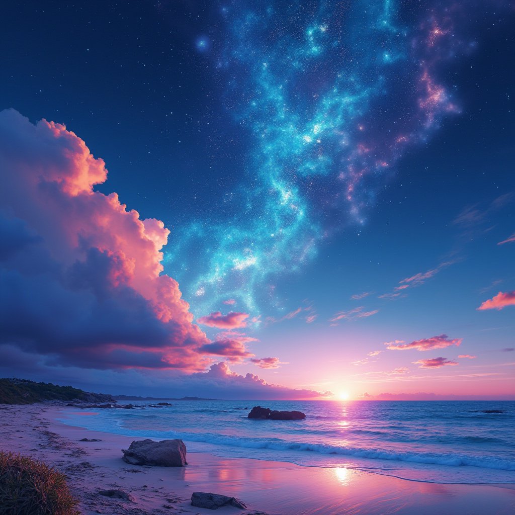 style by Yuumei,best quality,high resolution,8k aesthetic,mesmerise celestial moonlight,floral atmosphere,vibrant light-trail effect on a realistic,sunset, watercolor, beach,noc-landscape