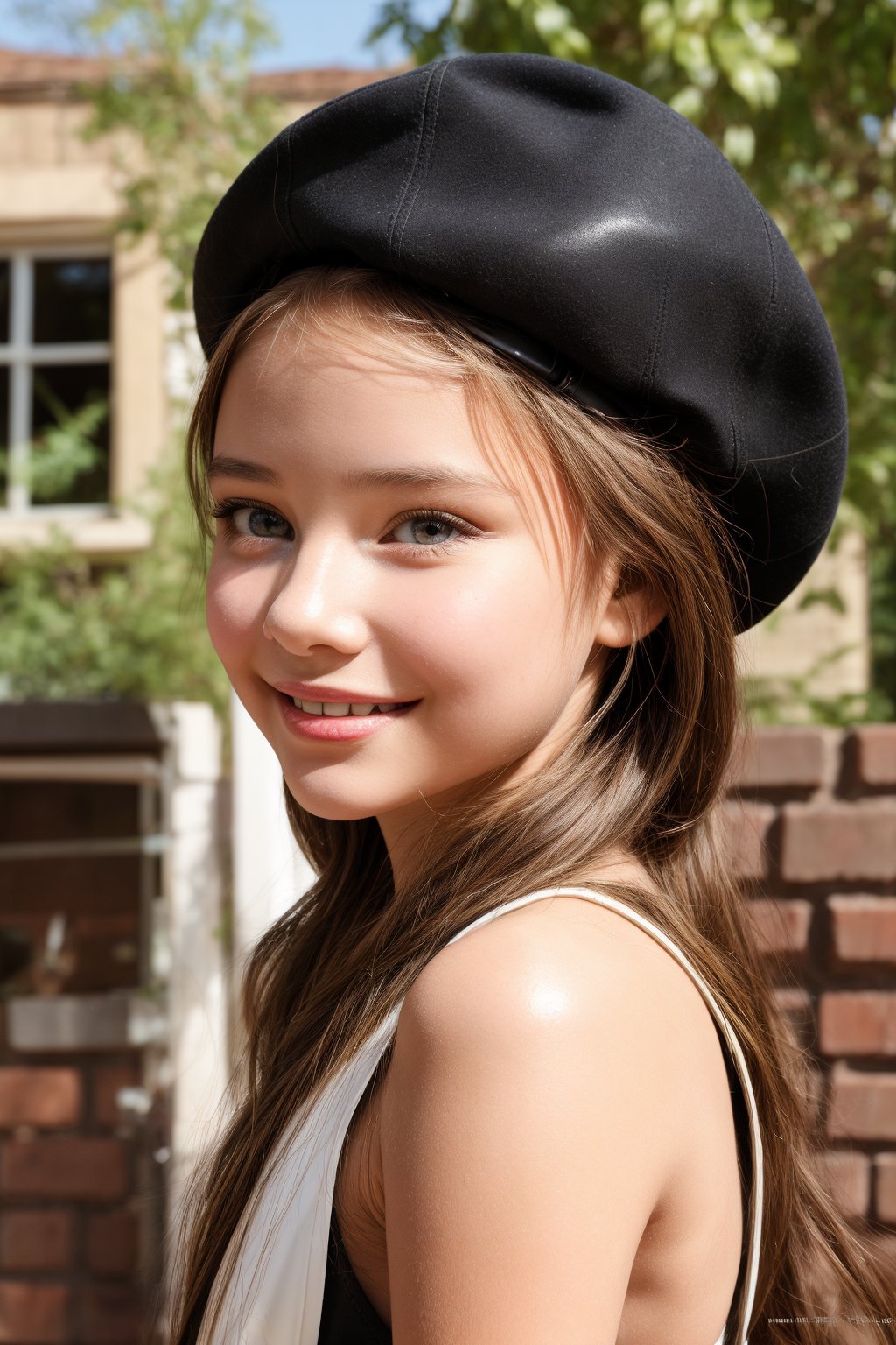 A stunning tween girl, adorned in a sleek latex dress and matching white hat, gazes back at the camera with a mischievous glint in her eye. Framed by the rustic charm of a brick wall, she poses confidently in the warm sunlight, her porcelain doll-like features illuminated with an air of playful innocence. The surrounding foliage and architectural details are blurred, drawing focus to the subject's radiant smile and tantalizing gaze, as if daring the viewer to capture her flirtatious essence.