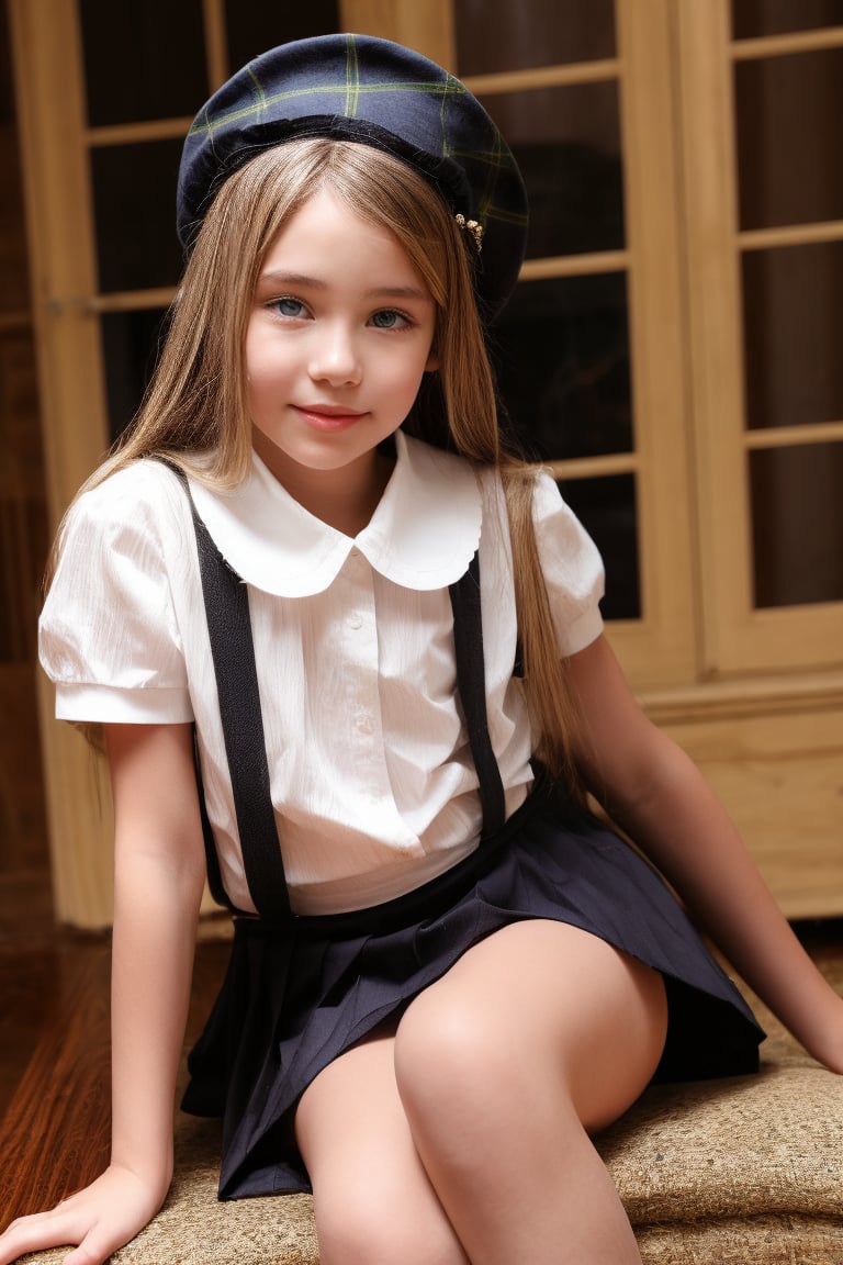 1girl, solo, long hair, looking at viewer, skirt, blonde hair, shirt, hair ornament, hat, sitting, closed mouth, white shirt, flower, short sleeves, pleated skirt, socks, indoors, lips, blue skirt, kneehighs, cosplay, window, feet out of frame, suspenders, crossed legs, black socks, realistic, suspender skirt