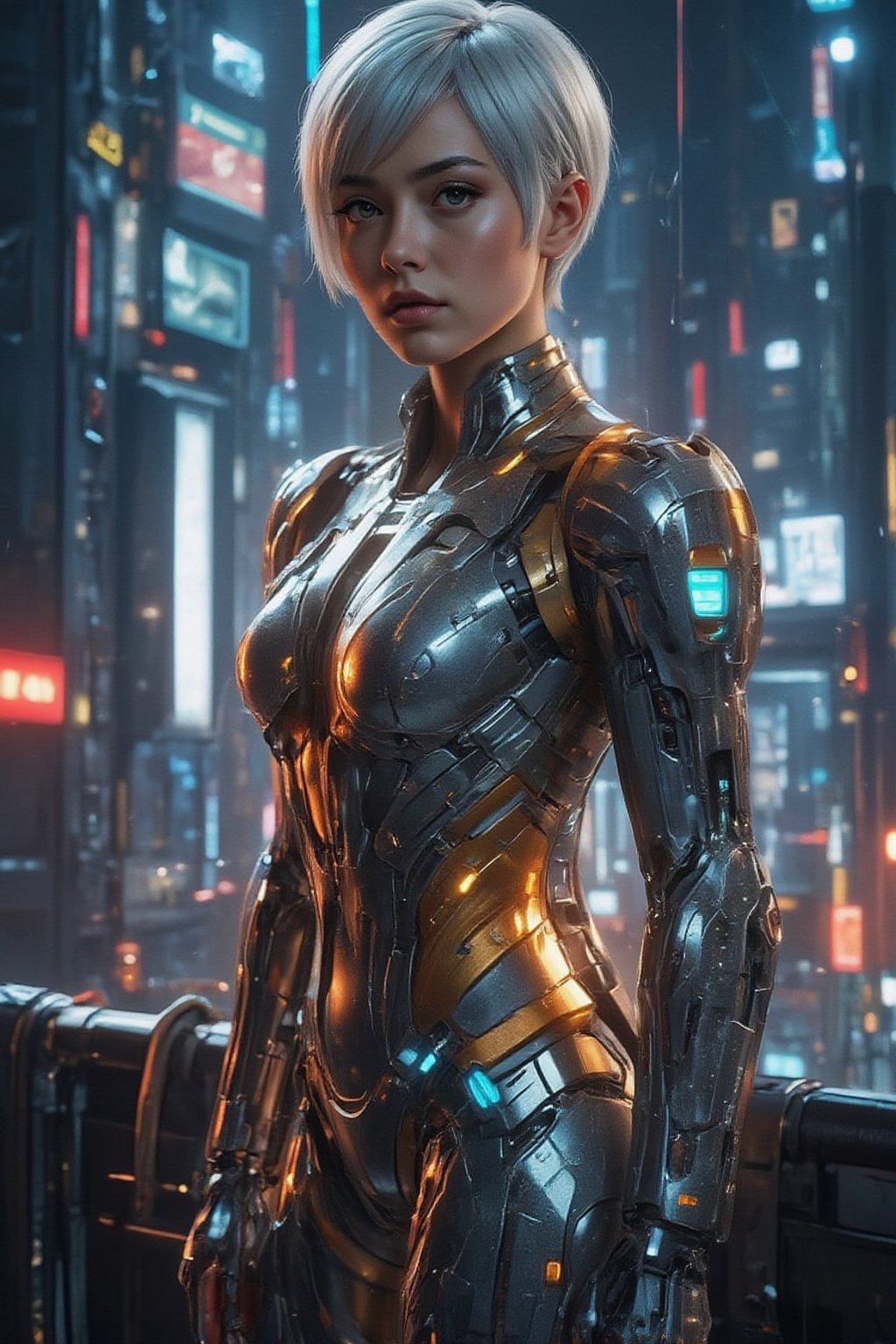 Anime style, a beautiful Japanese woman, 20 years old, with short silver hair and piercing green eyes, dressed in an advanced mecha suit with metallic armor and neon accents. She is standing on a skyscraper rooftop in a futuristic city at night, with neon lights, flying cars, and towering buildings in the background. The city is alive with glowing billboards and holograms.
FuturEvoLabMecha, 