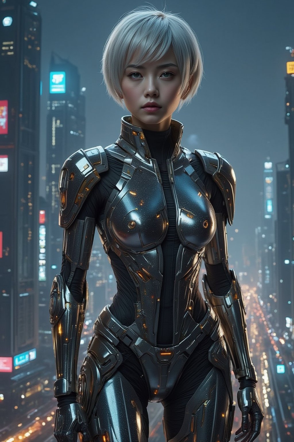 Anime style, a beautiful Japanese woman, 20 years old, with short silver hair and piercing green eyes, dressed in an advanced mecha suit with metallic armor and neon accents. She is standing on a skyscraper rooftop in a futuristic city at night, with neon lights, flying cars, and towering buildings in the background. The city is alive with glowing billboards and holograms.
FuturEvoLabMecha, 