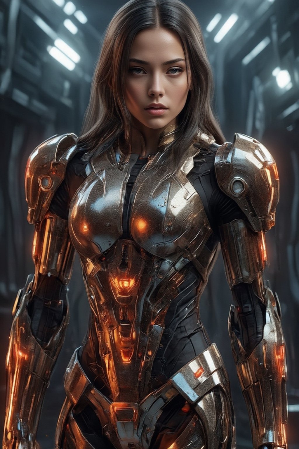 Anime style, a 20-year-old Japanese woman with long dark hair in a ponytail and deep brown eyes, wearing a battle-ready mecha armor suit. The suit is adorned with intricate designs and glowing red highlights. She stands ready for combat, holding a high-tech energy weapon. The background is a futuristic military base with large screens, robotic arms, and weapon racks.
FuturEvoLabMecha,FuturEvoLabArmor,FuturEvoLabBeautify