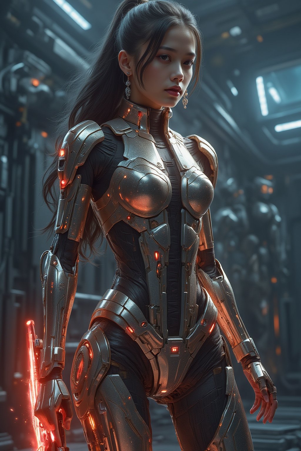 Anime style, a 20-year-old Japanese woman with long dark hair in a ponytail and deep brown eyes, wearing a battle-ready mecha armor suit. The suit is adorned with intricate designs and glowing red highlights. She stands ready for combat, holding a high-tech energy weapon. The background is a futuristic military base with large screens, robotic arms, and weapon racks.
FuturEvoLabMecha,FuturEvoLabArmor,FuturEvoLabBeautify